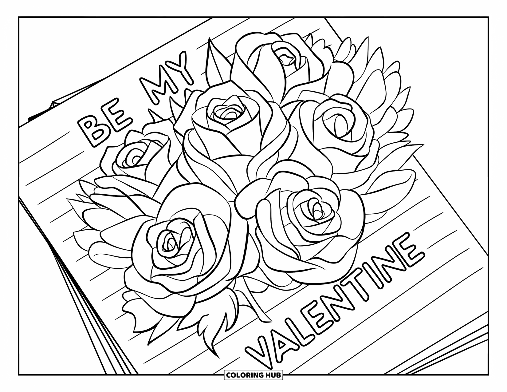 Be My Valentine Coloring Page for Kids: A bouquet of blooming roses lies on a notepad with "Be My Valentine" written above