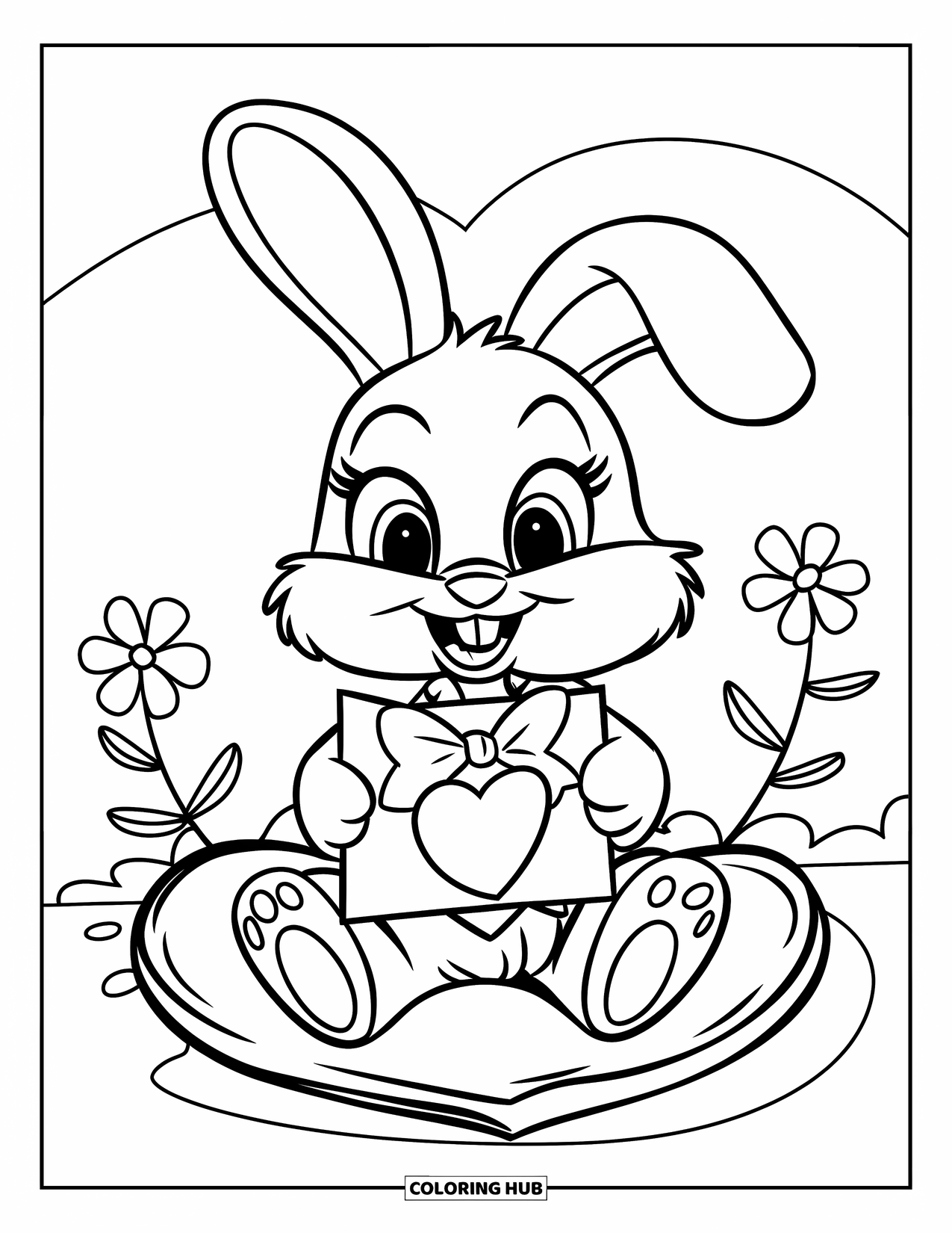 Be My Valentine Coloring Page for Kids: A bunny holds a valentine card tied with a bow on a heart cushion