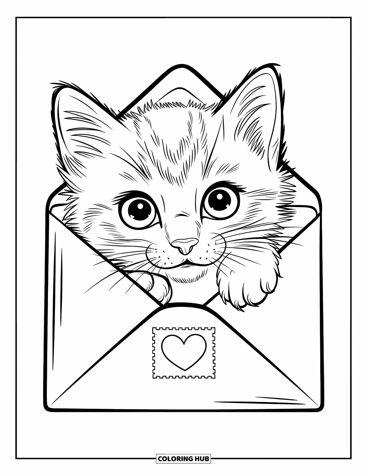 Be My Valentine Coloring Page for Kids: A fluffy kitten looks out of a sealed envelope with heart stamps