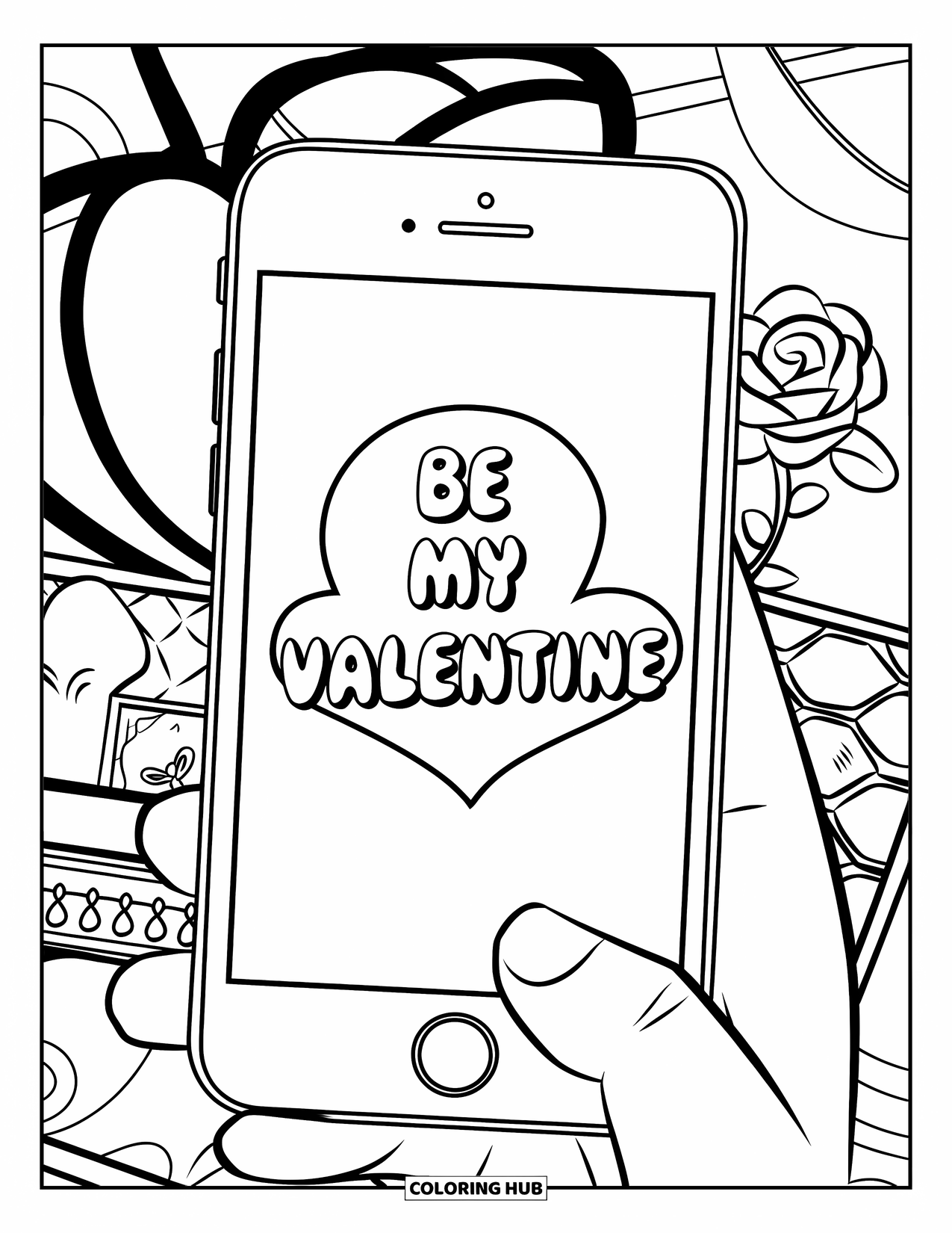 Be My Valentine Coloring Page for Kids: A hand holds a phone showing "Be My Valentine" with hearts around it
