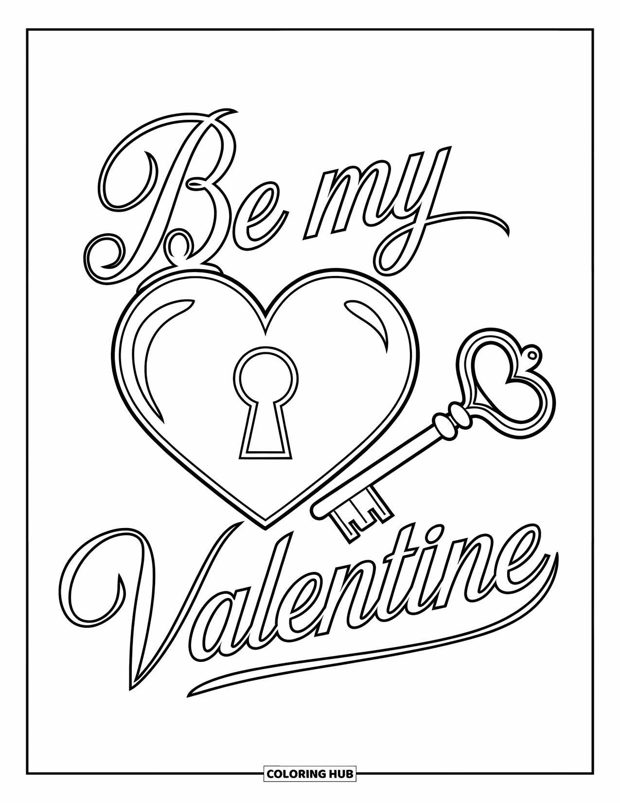 Be My Valentine Coloring Page for Kids: A heart-shaped lock and key rest beside the words "Be My Valentine"