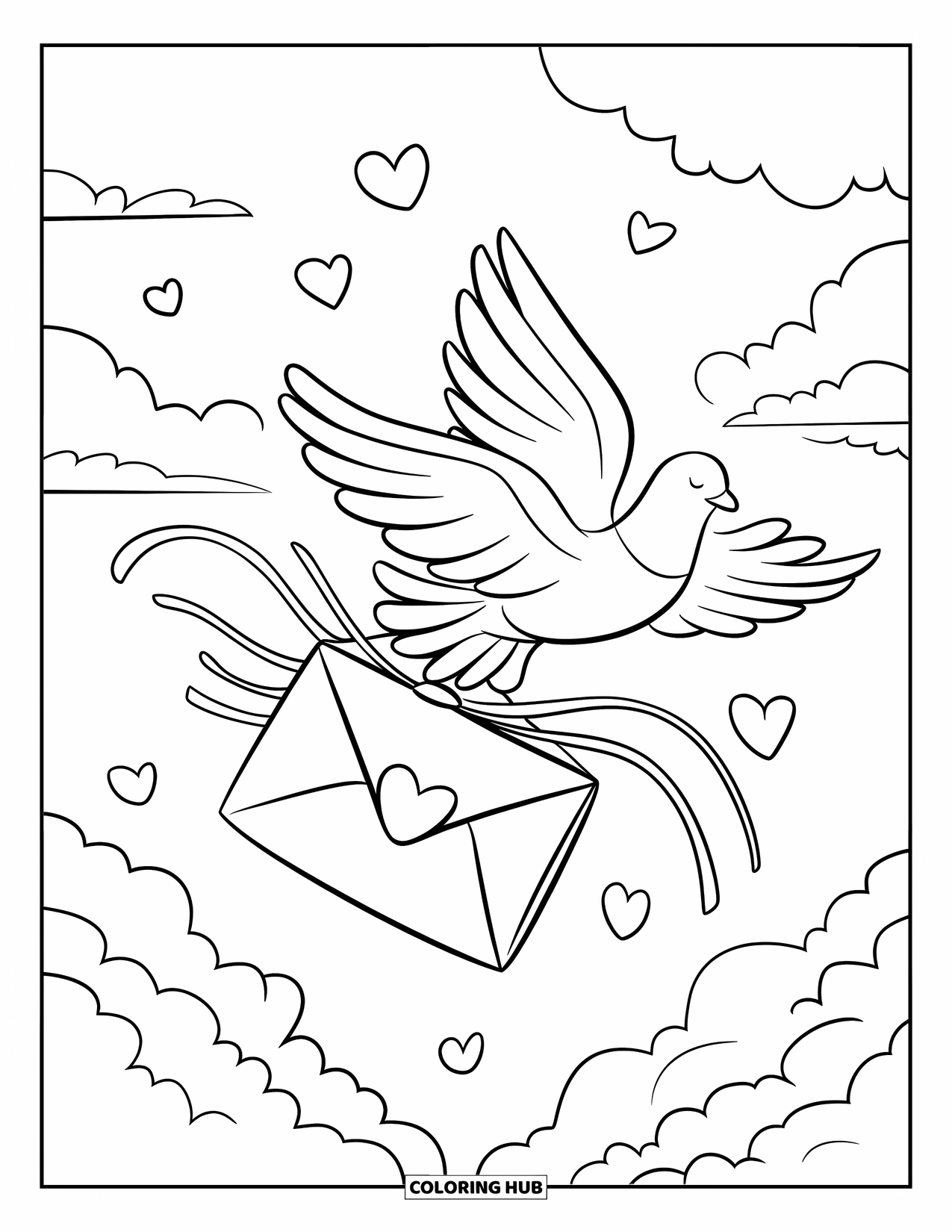Be My Valentine Coloring Page for Kids: A love letter flies through the clouds, leaving hearts behind