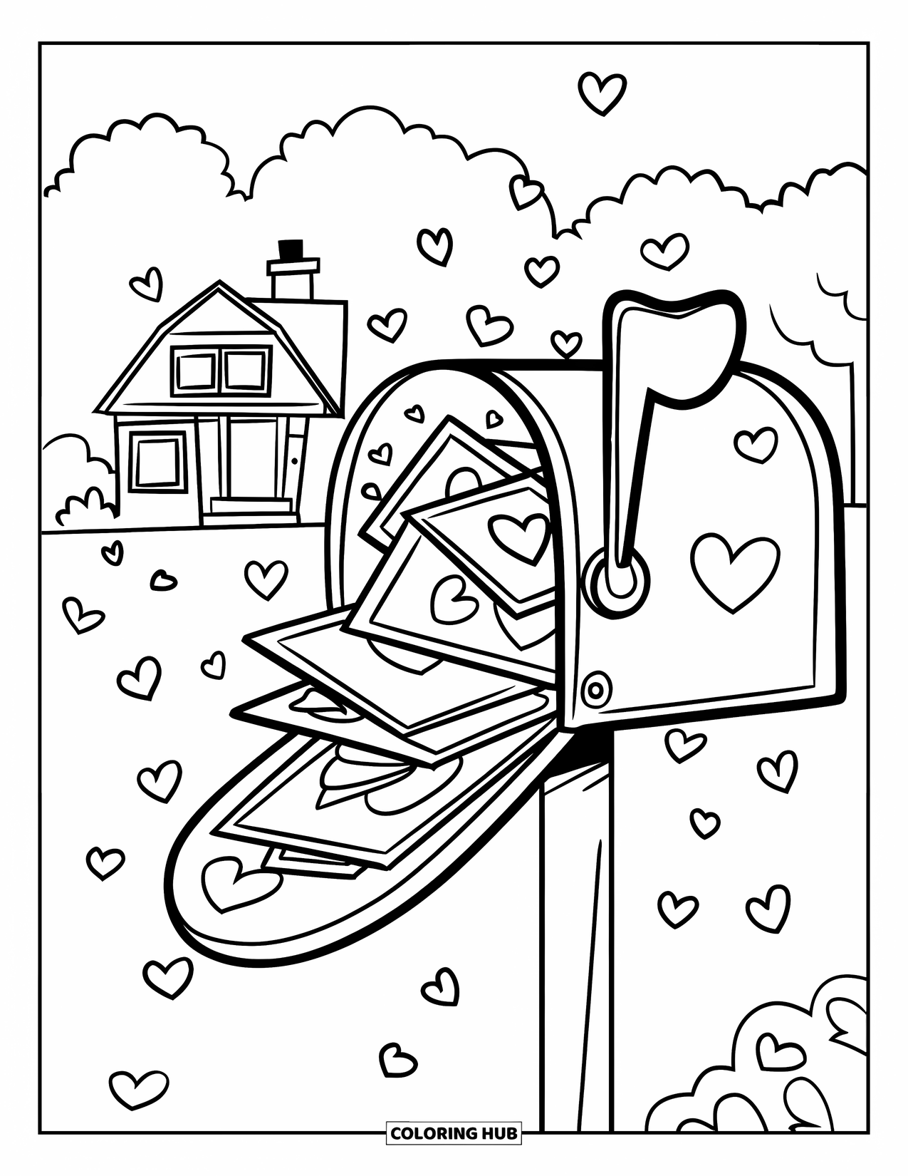Be My Valentine Coloring Page for Kids: A mailbox full of hearts and letters sits beside a small house