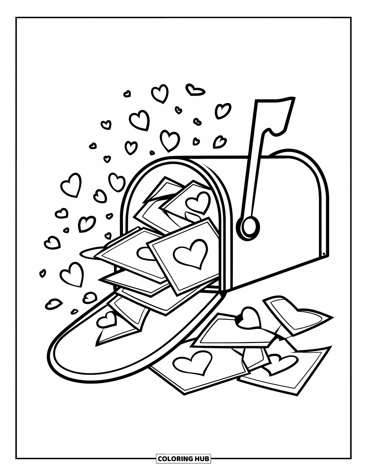 Be My Valentine Coloring Page for Kids: A mailbox overflows with valentine cards and confetti hearts
