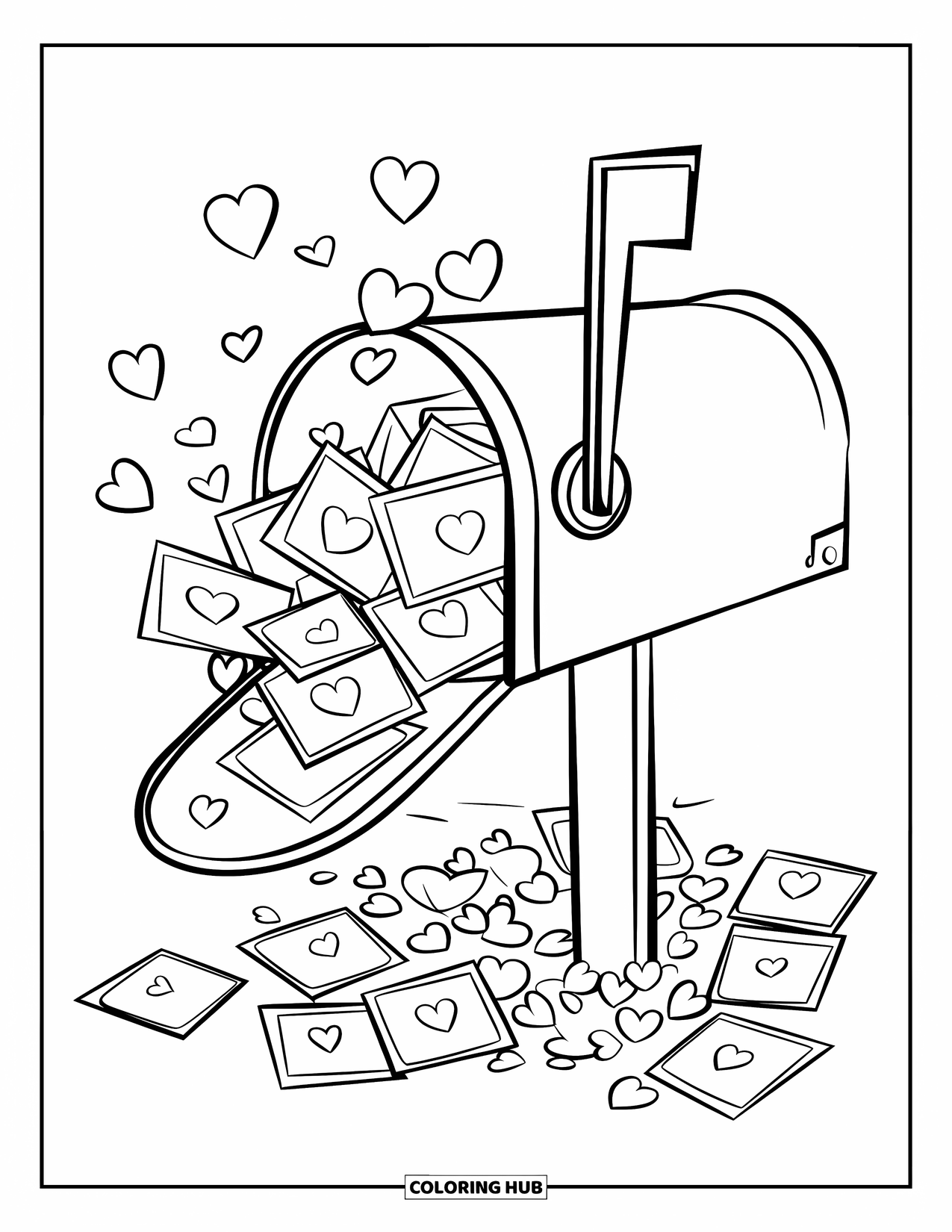 Be My Valentine Coloring Page for Kids: A mailbox spills cards and confetti across the ground