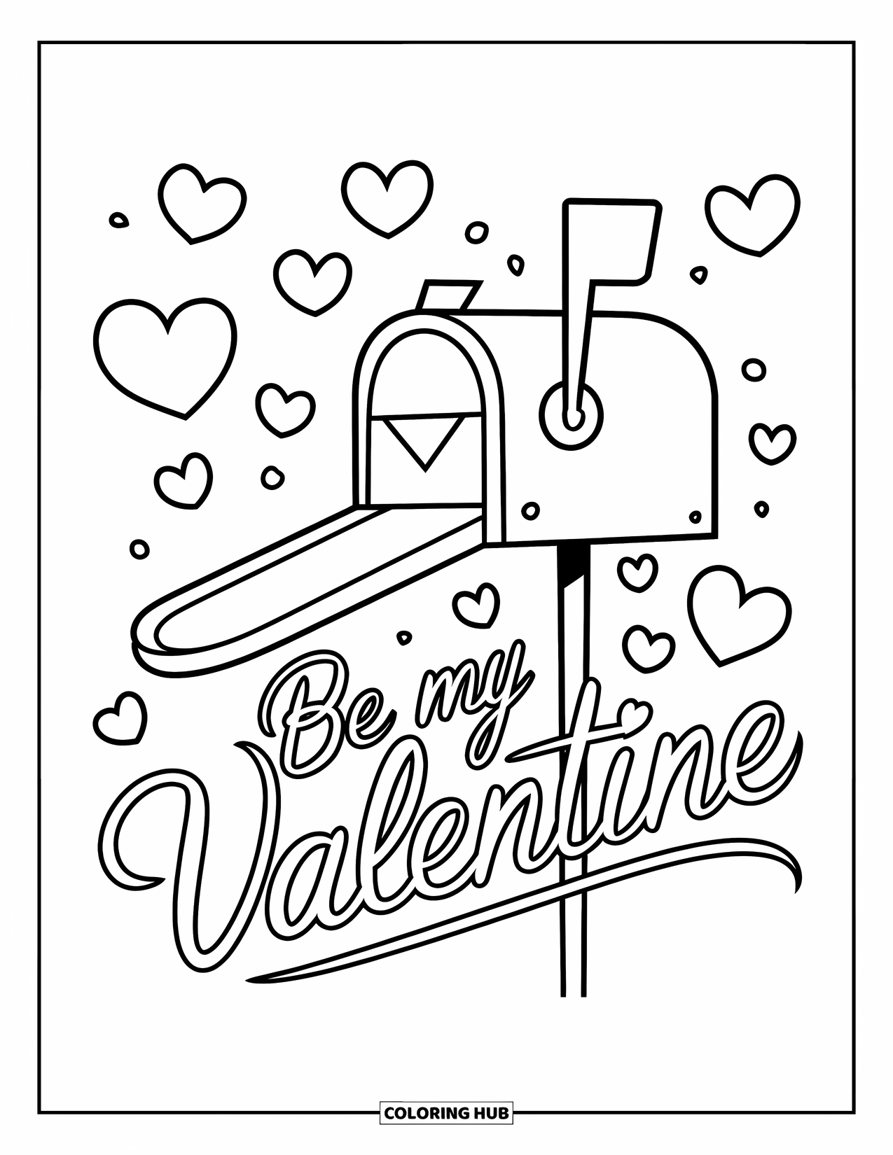Be My Valentine Coloring Page for Kids: A mailbox surrounded by hearts carries the message "Be My Valentine"
