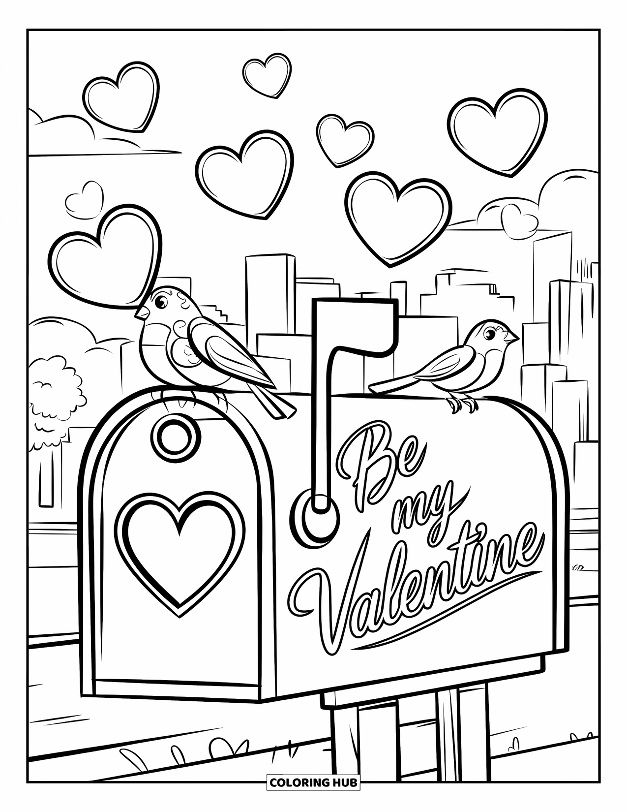 Be My Valentine Coloring Page for Kids: A mailbox with birds and hearts shows the message "Be My Valentine"