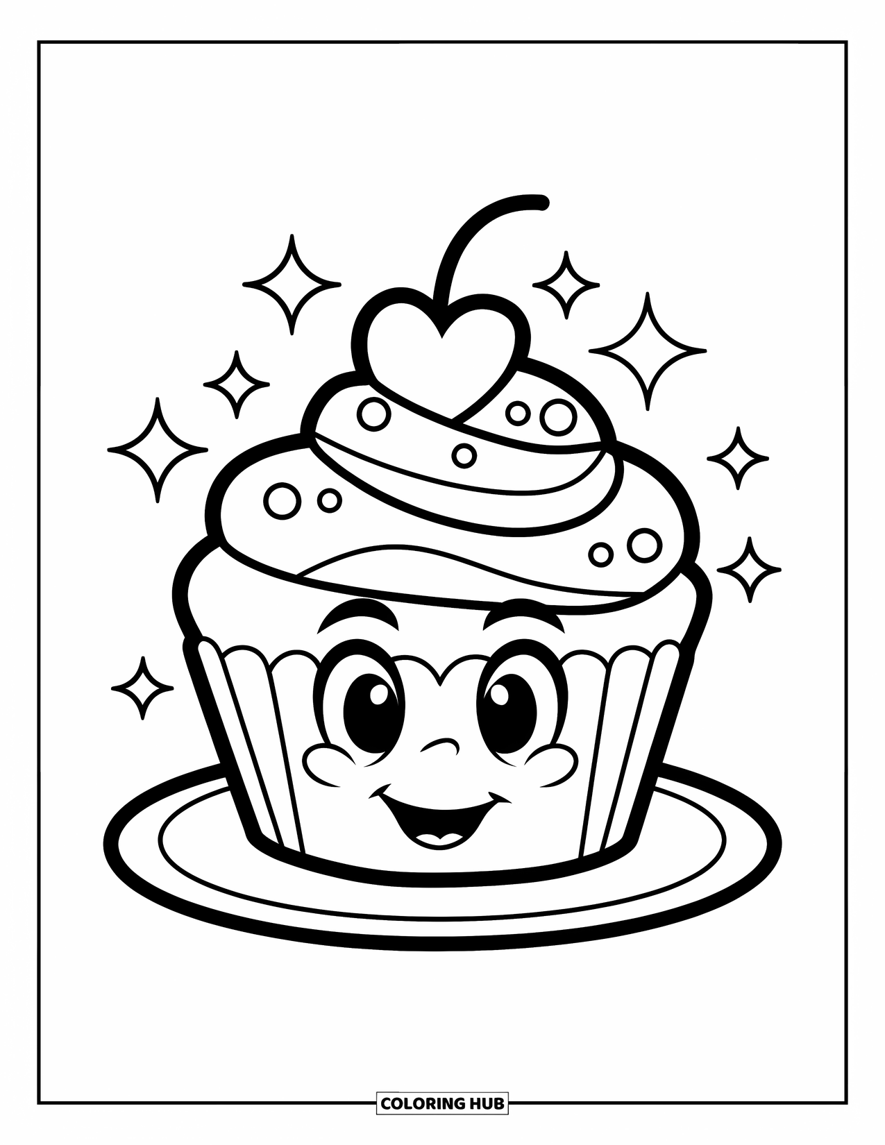 Be My Valentine Coloring Page for Kids: A smiling cupcake with a heart topper sparkles on a plate