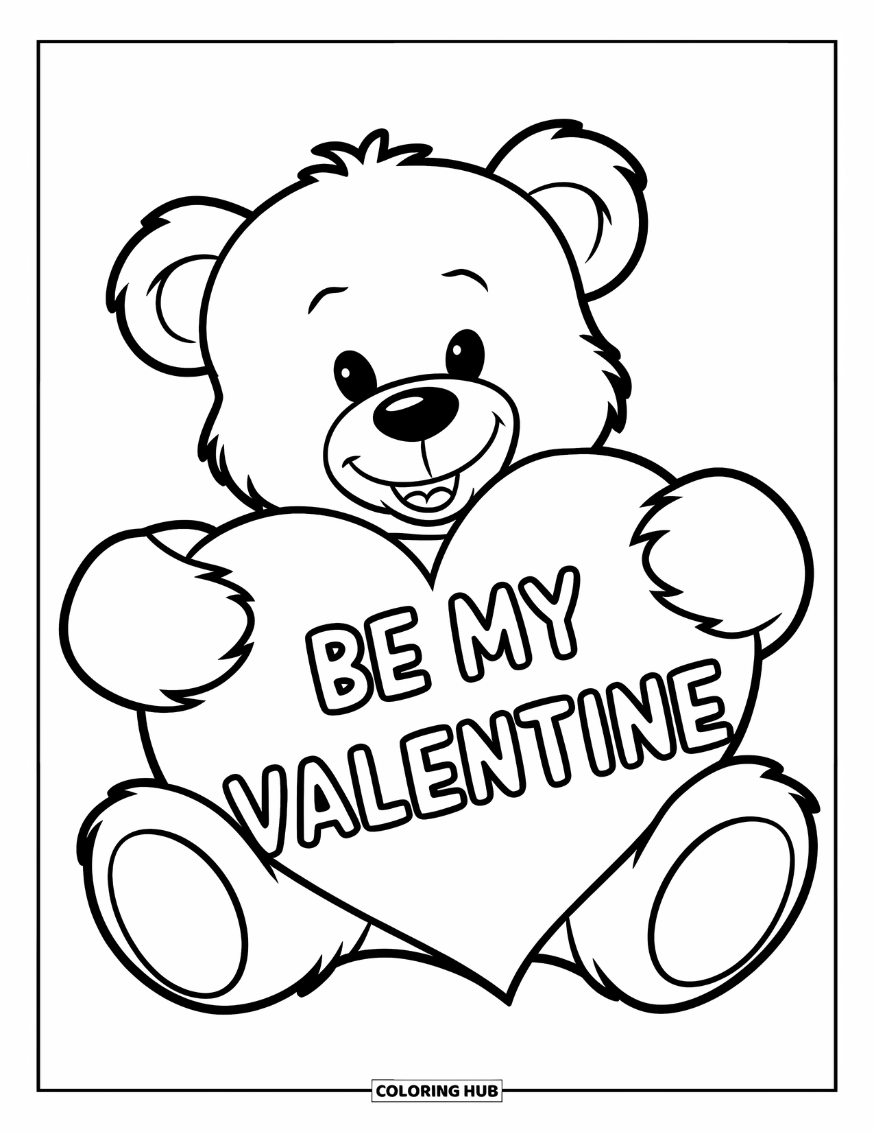 Be My Valentine Coloring Page for Kids: A teddy bear holds a heart with "Be My Valentine" written on it