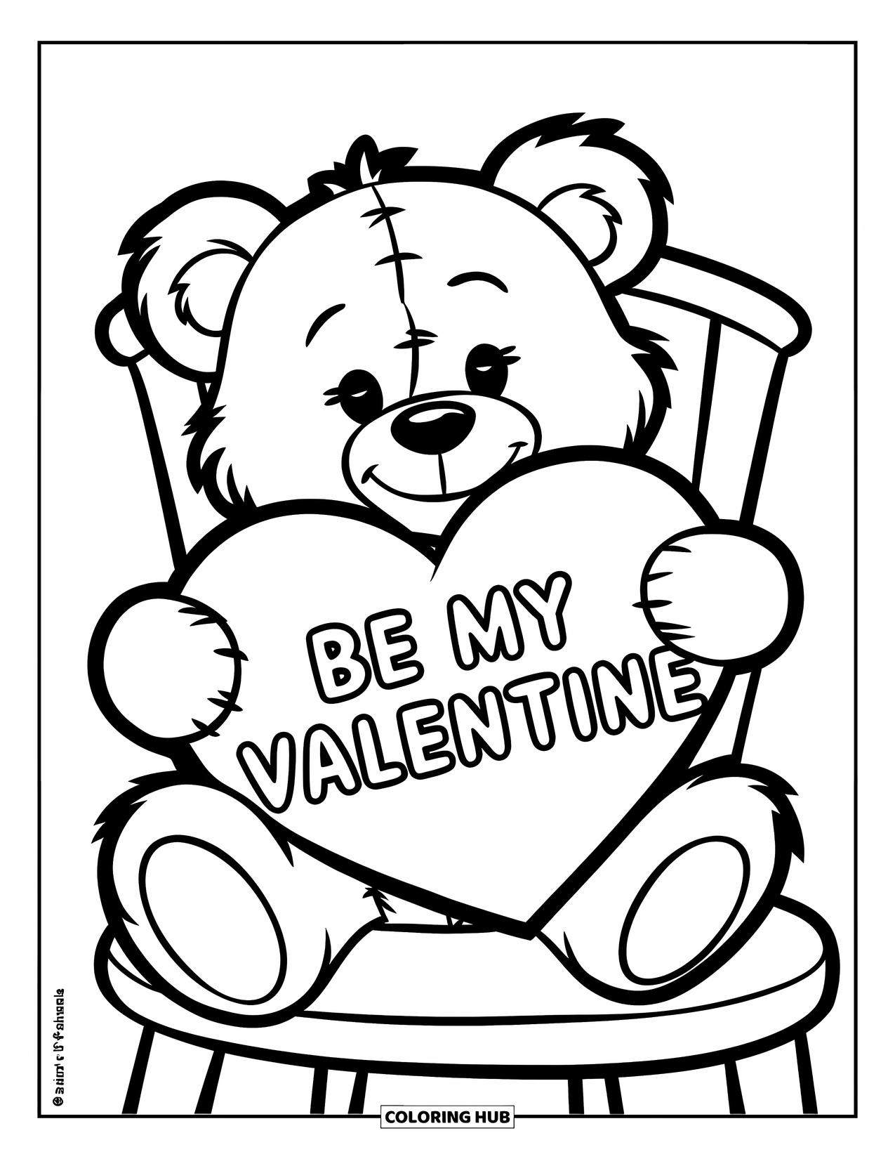 Be My Valentine Coloring Page for Kids: A teddy bear hugs a big heart that says "Be My Valentine"