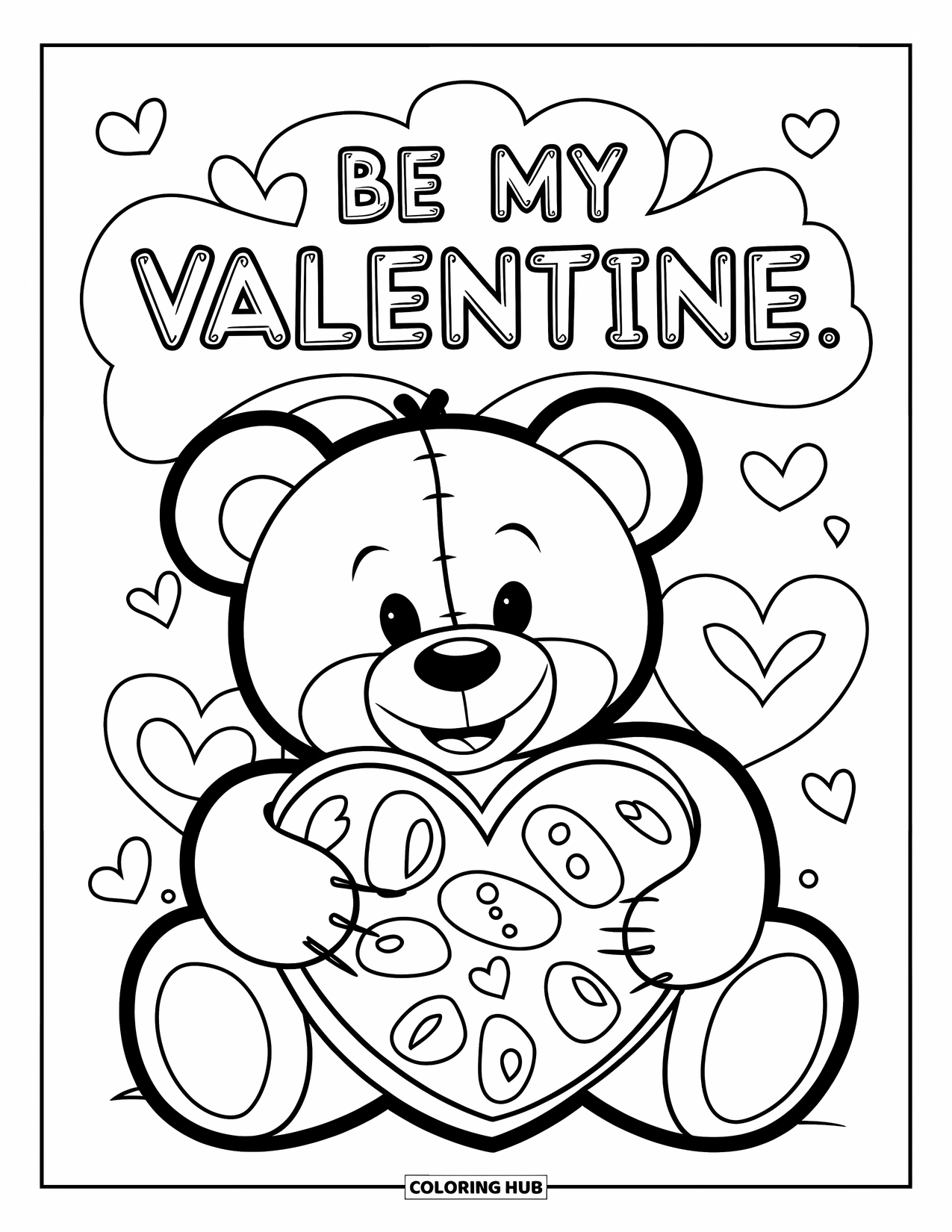 Be My Valentine Coloring Page for Kids: A teddy bear hugs a heart box labeled "Be My Valentine"
