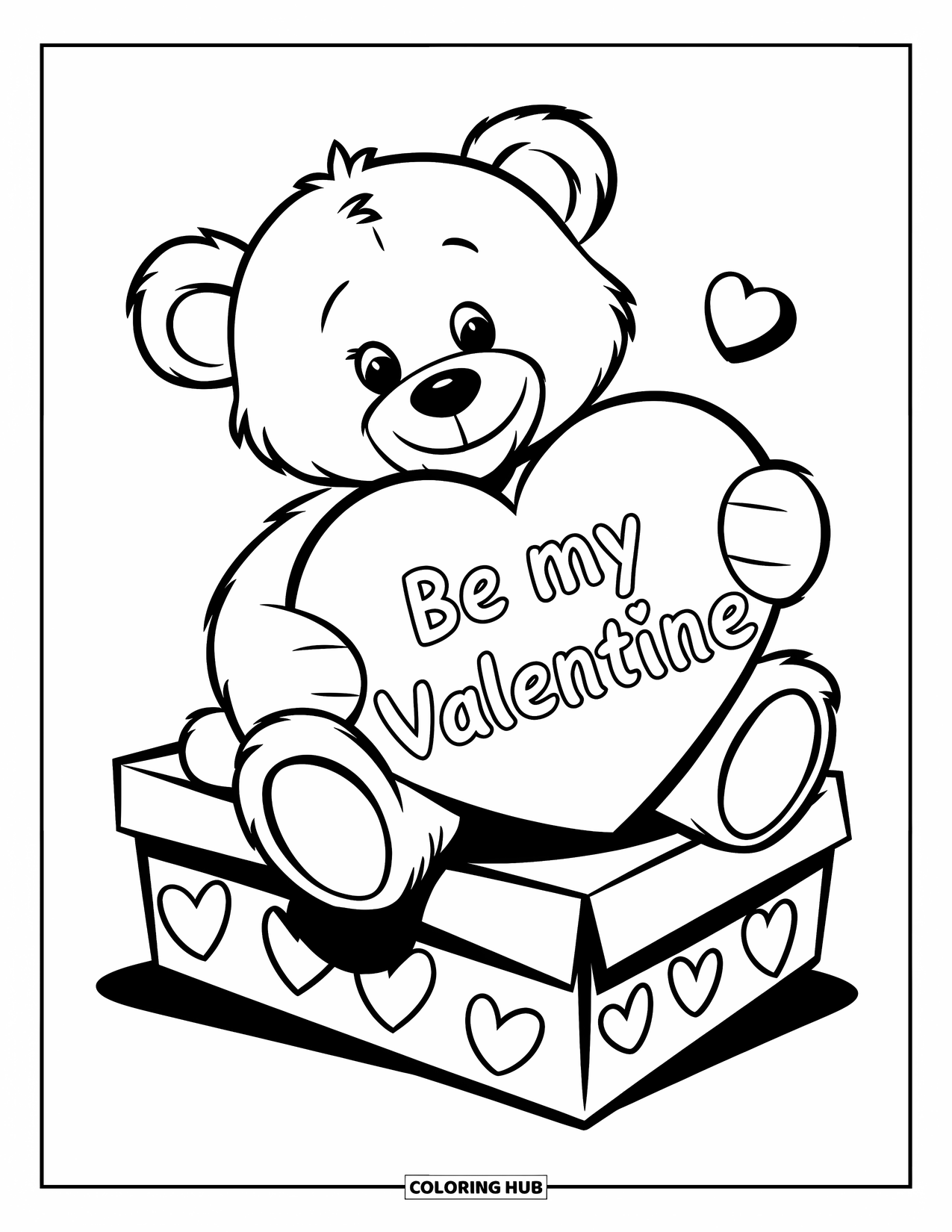 Be My Valentine Coloring Page for Kids: A teddy bear sits on a box holding a heart-shaped valentine