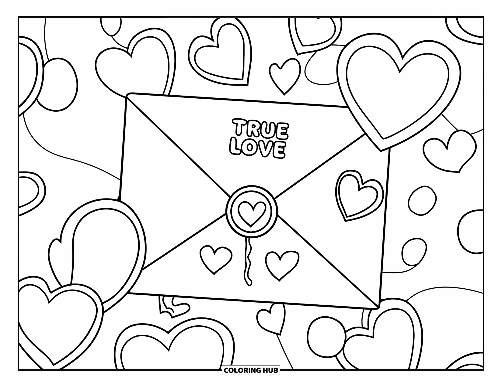 Be My Valentine Coloring Page for Kids: An envelope marked "true love" is surrounded by playful floating hearts