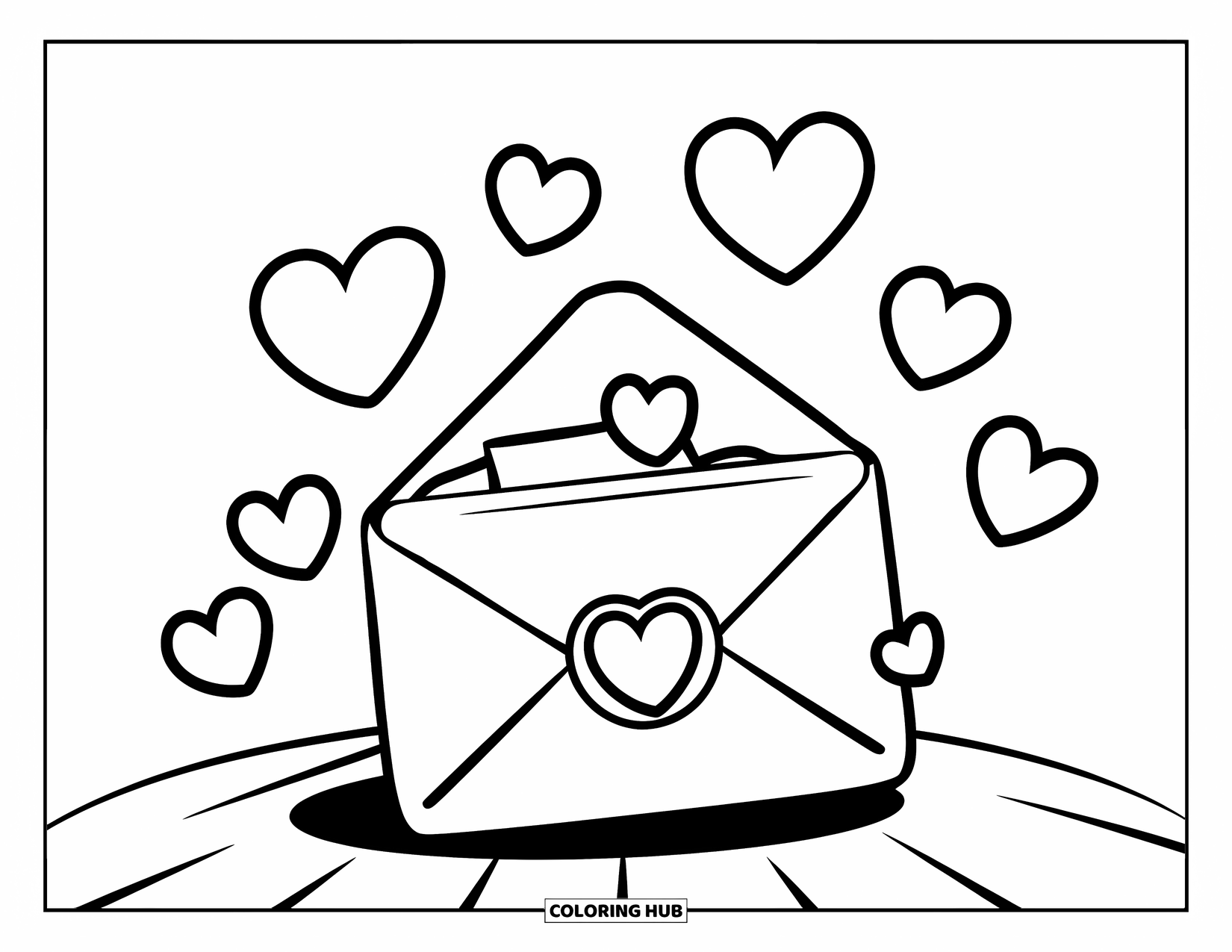 Be My Valentine Coloring Page for Kids: An envelope sealed with a heart floats with tiny hearts around it