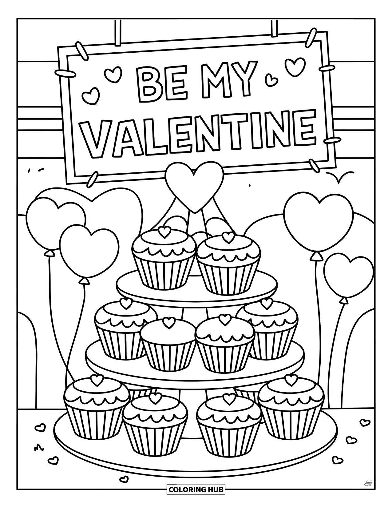 Be My Valentine Coloring Page for Kids: Cupcakes stacked in a tower glow beneath a "Be My Valentine" sign