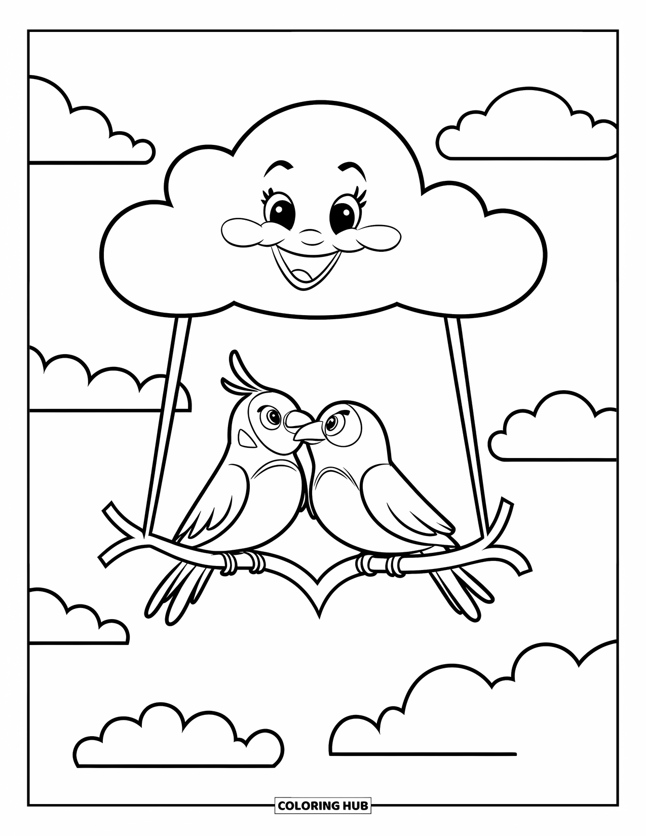Be My Valentine Coloring Page for Kids: Lovebirds sit on a cloud-shaped heart branch under a sunny sky