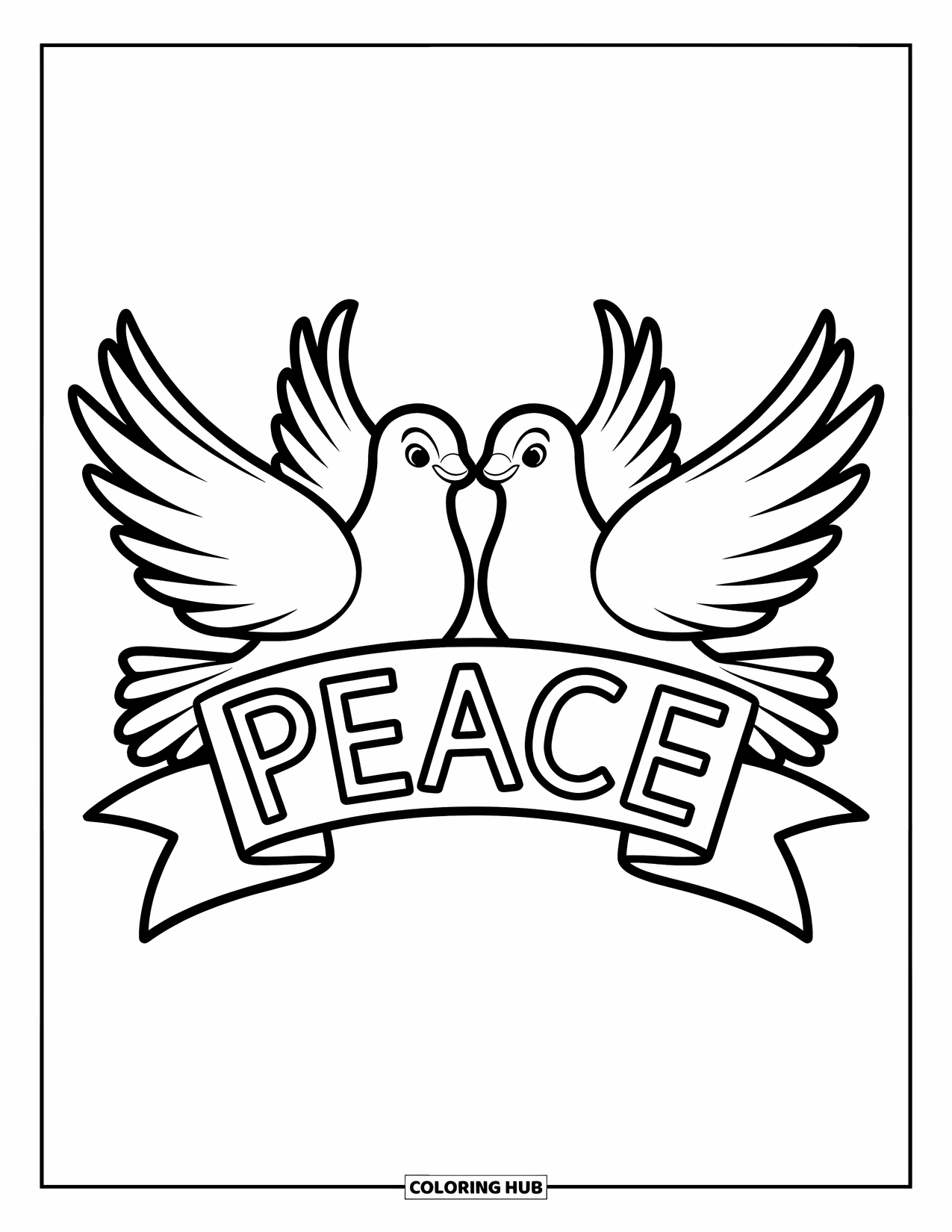 Be My Valentine Coloring Page for Kids: Two doves hold a ribbon that reads "Peace"