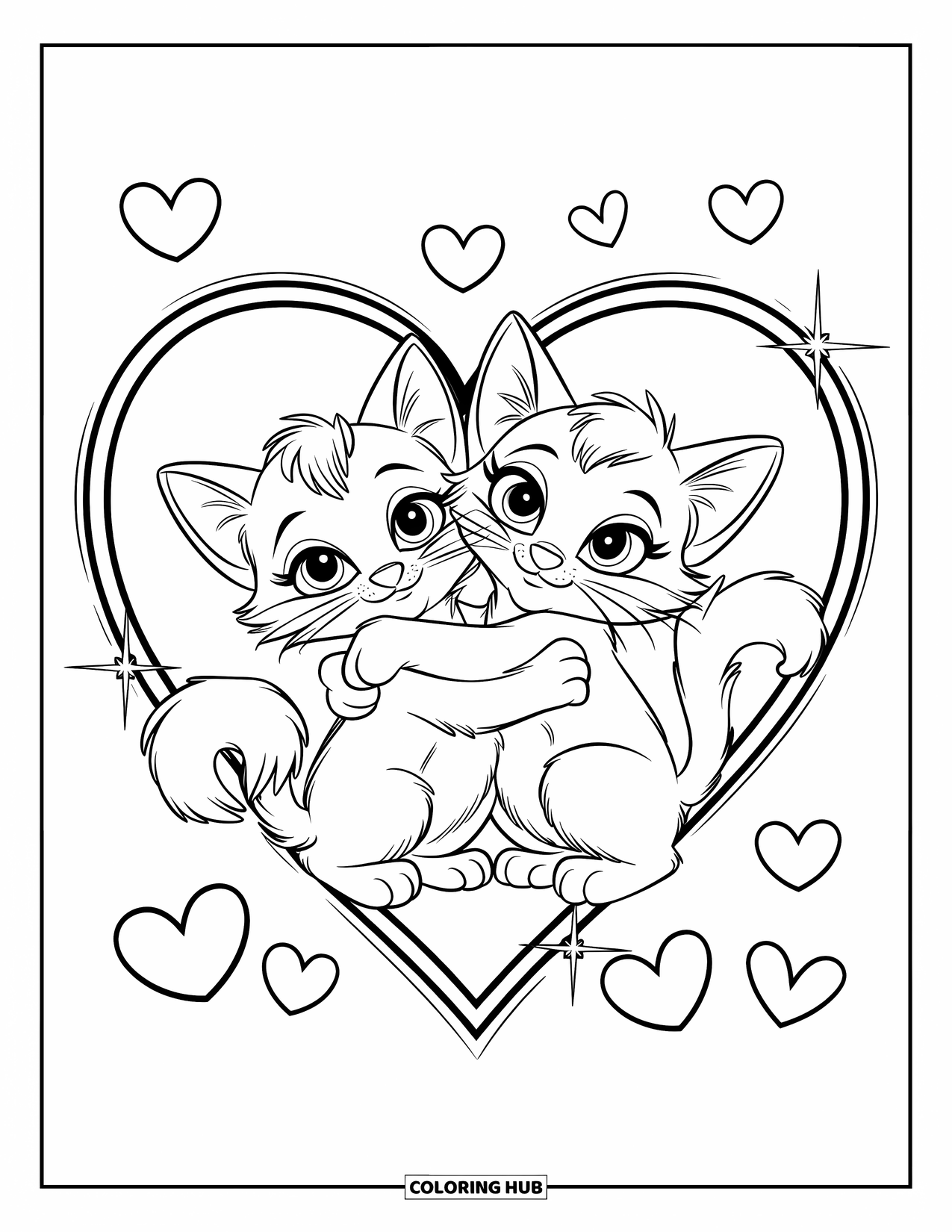 Be My Valentine Coloring Page for Kids: Two fluffy kittens hug inside a sparkling heart frame