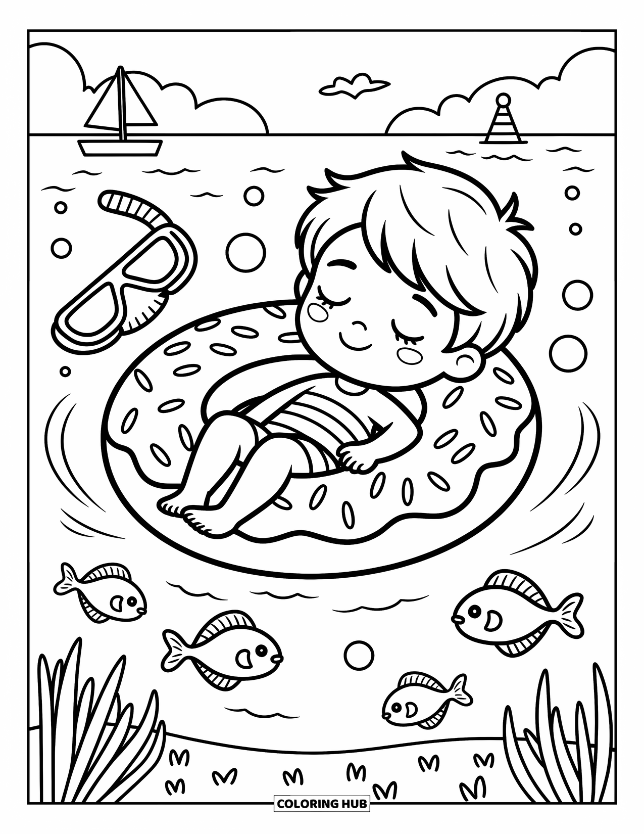 Beach Summer Coloring Page for Adults: A boy floating on a donut tube, holding a snorkel with fish below
