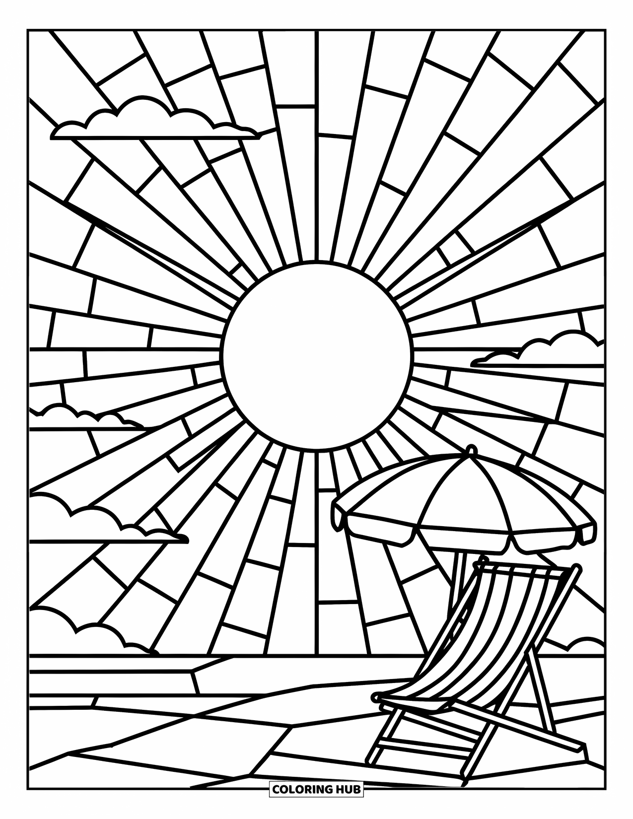 Beach Summer Coloring Page for Adults: A bright sun and striped umbrella in a cozy beach scene