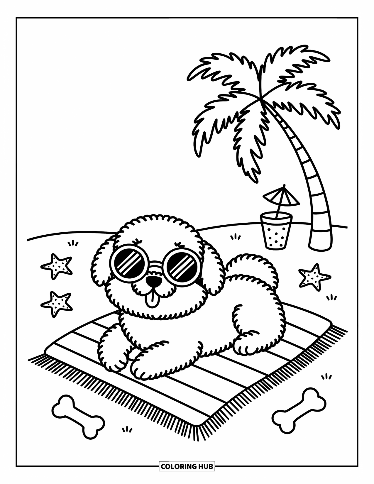 Beach Summer Coloring Page for Adults: A cute dog lounging on a striped towel under a palm tree