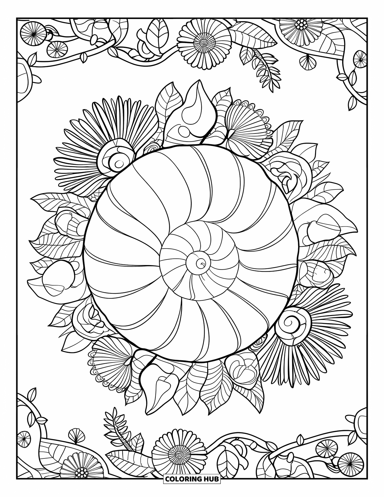 Beach Summer Coloring Page for Adults: A detailed shell surrounded by mandalas of roses and ivy