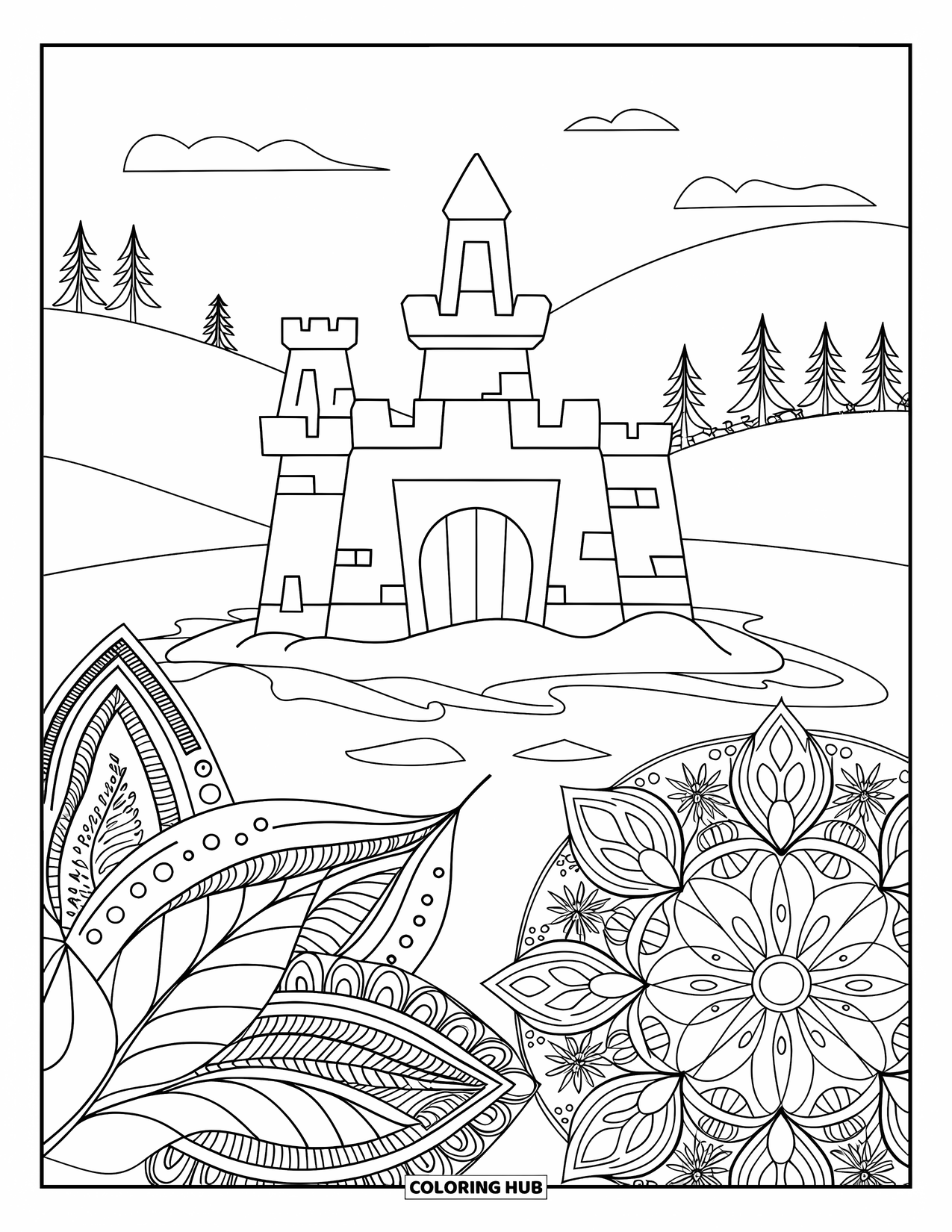 Beach Summer Coloring Page for Adults: A dreamy sandcastle among floral mandalas and summer leaves