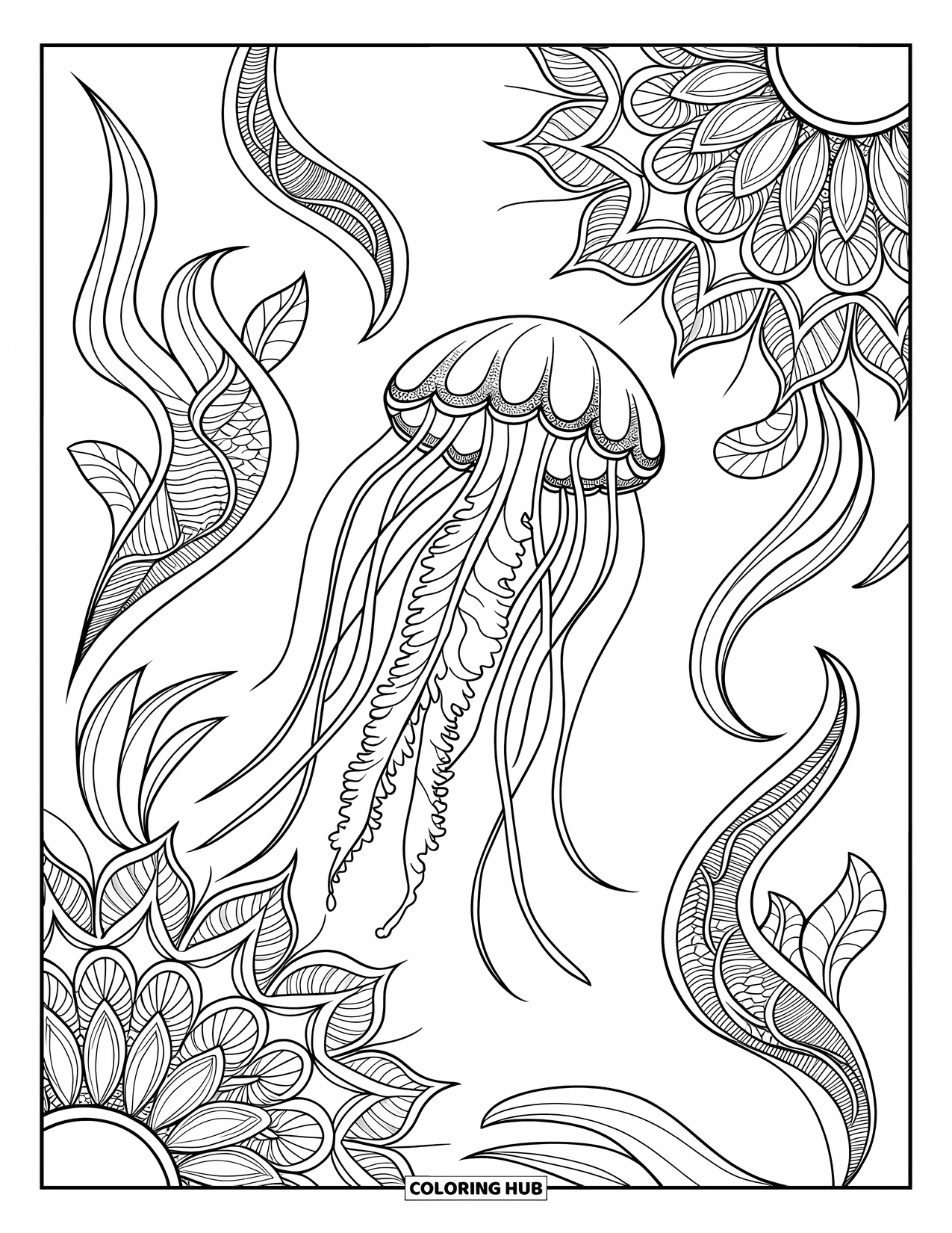 Beach Summer Coloring Page for Adults: A flowing jellyfish drifting through floral mandala lines and seaweed