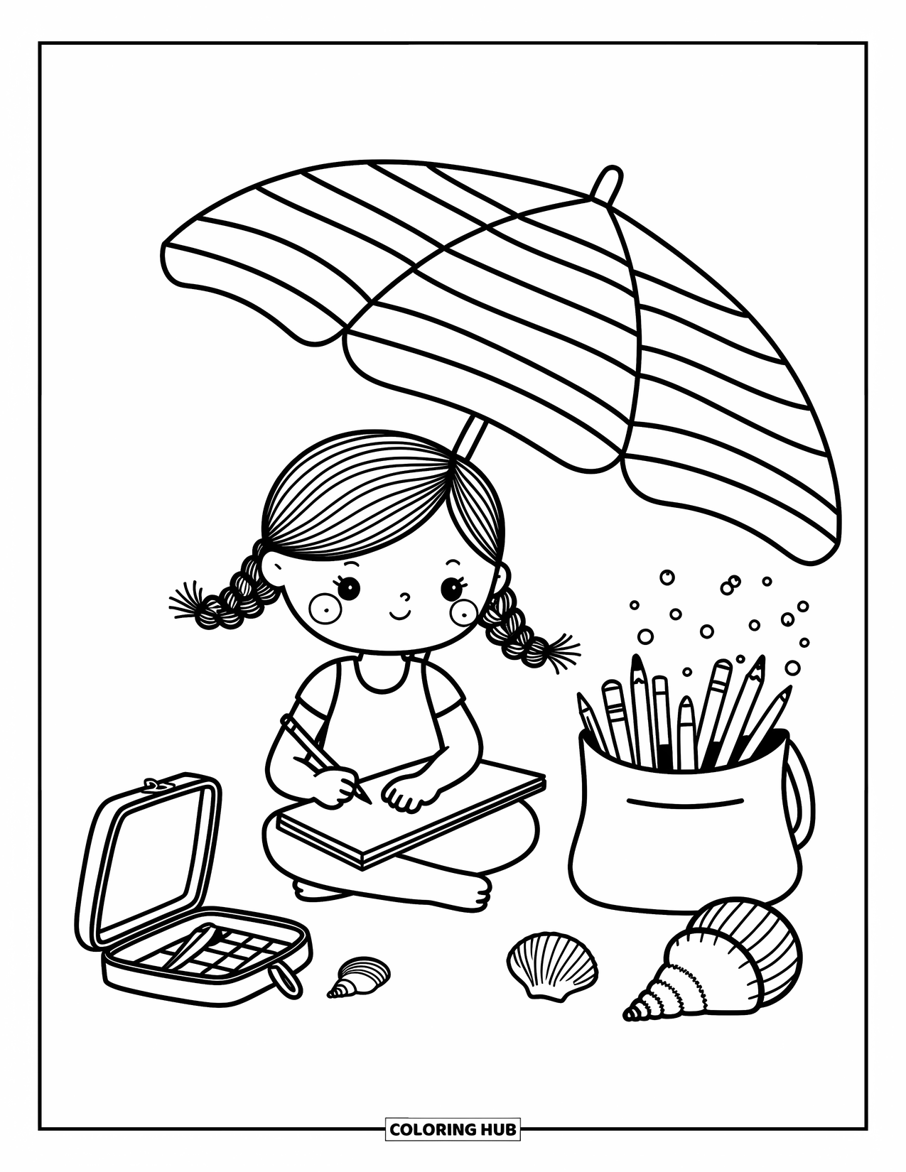 Beach Summer Coloring Page for Adults: A girl happily drawing under her umbrella beside her tote and seashells