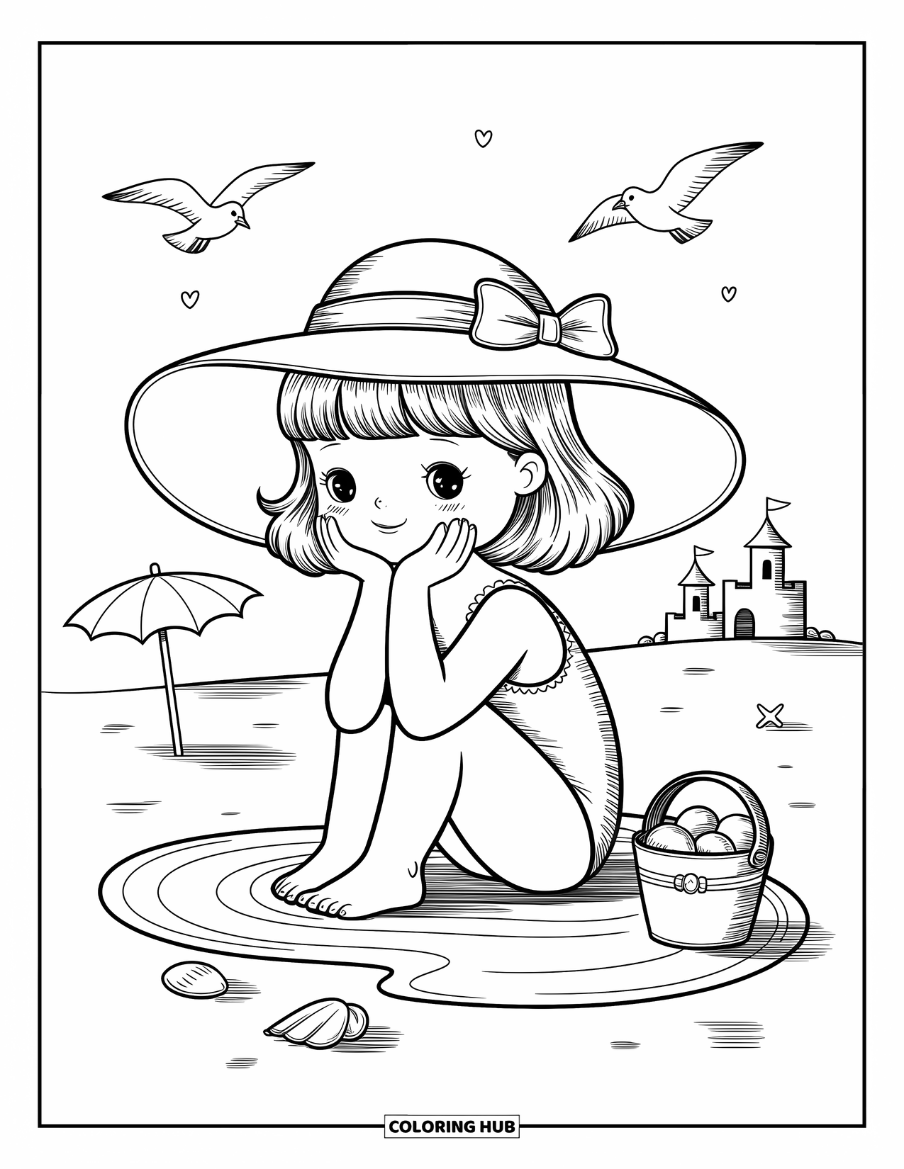 Beach Summer Coloring Page for Adults: A girl sitting in the sand with her bucket as waves touch her toes