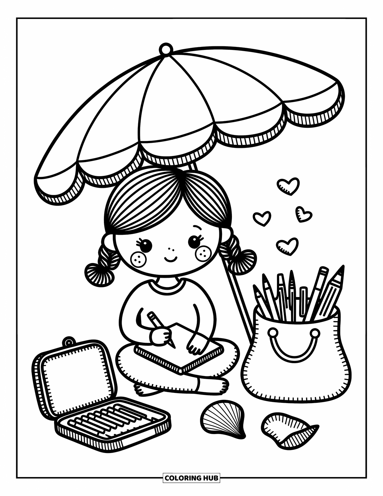 Beach Summer Coloring Page for Adults: A girl sketching under a striped umbrella with seashells and art supplies