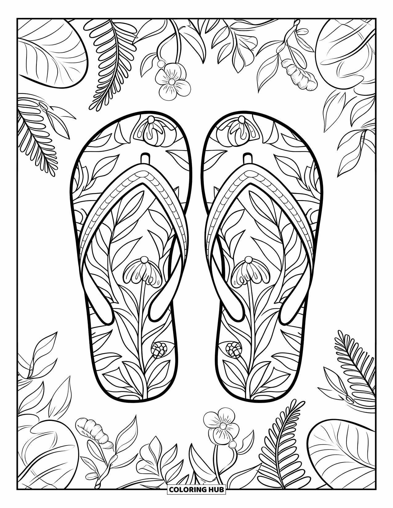 Beach Summer Coloring Page for Adults: A pair of flip-flops framed by fruity, leafy summer patterns