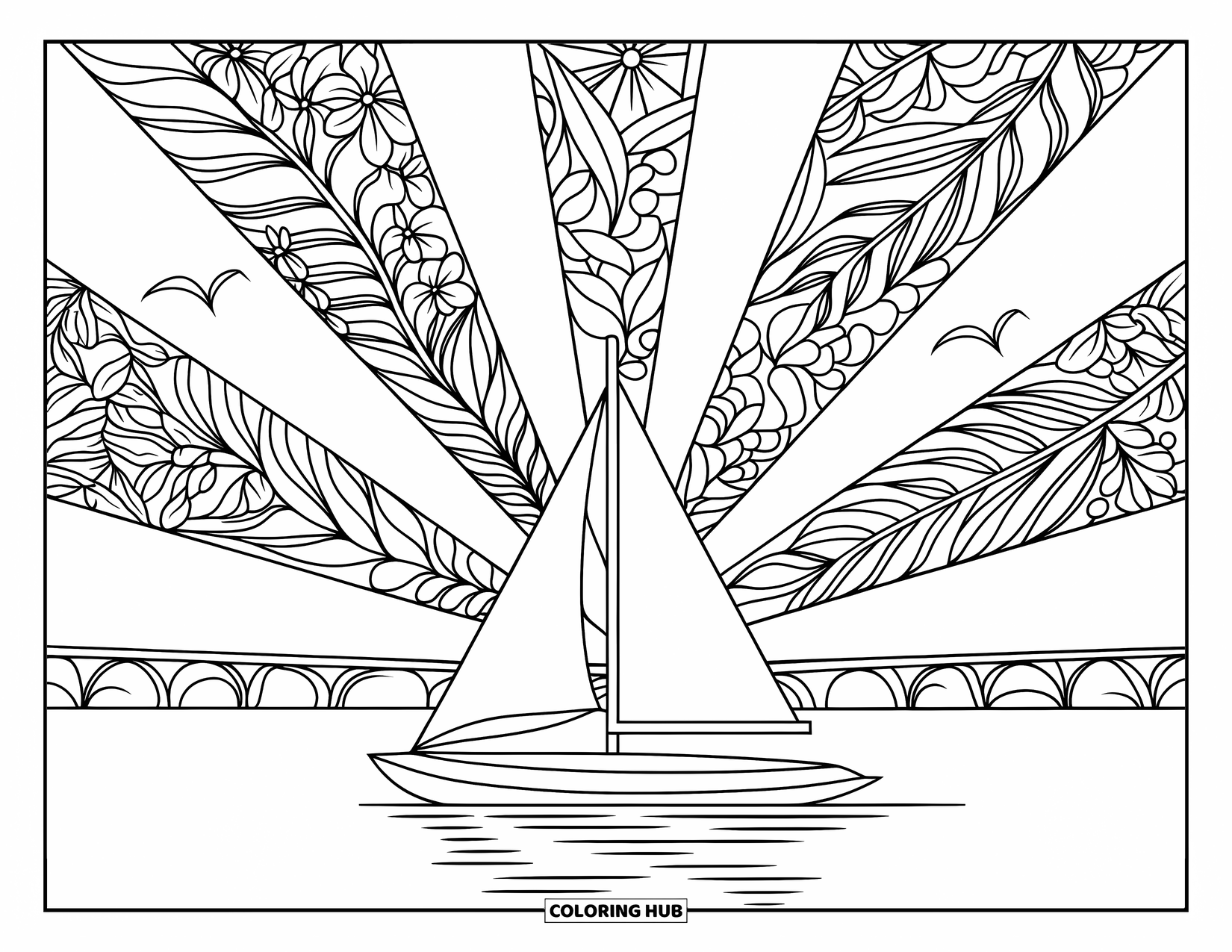 Beach Summer Coloring Page for Adults: A sailboat beneath a sky of floral stained-glass designs