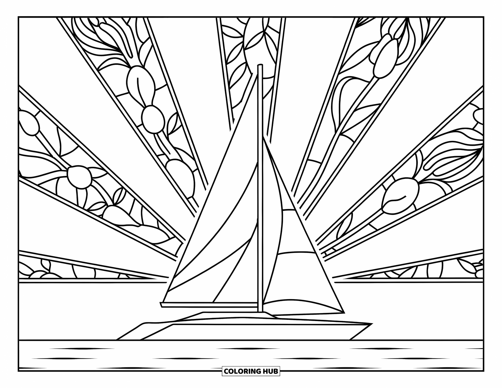 Beach Summer Coloring Page for Adults: A sailboat gliding under a sky filled with leafy stained-glass light