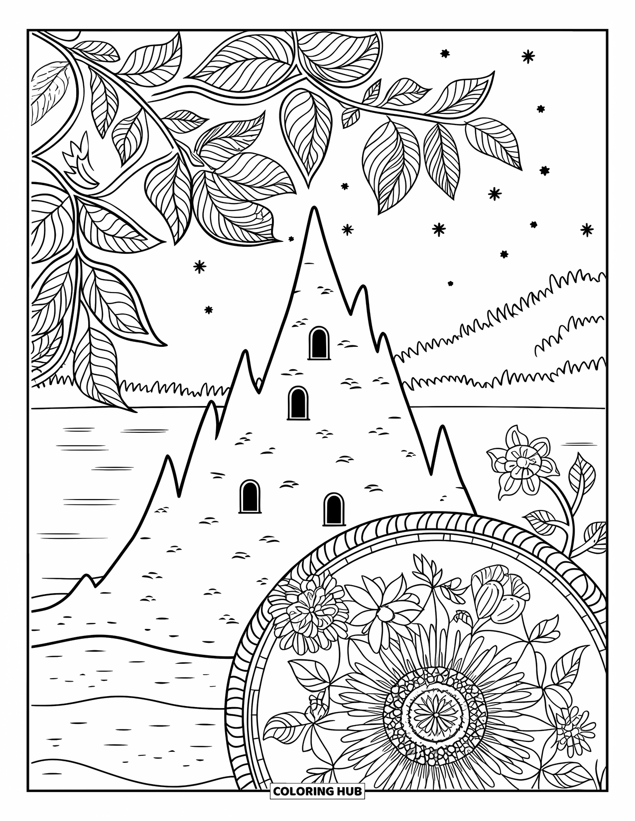 Beach Summer Coloring Page for Adults: A sandcastle surrounded by leafy vines and floral mandala blooms