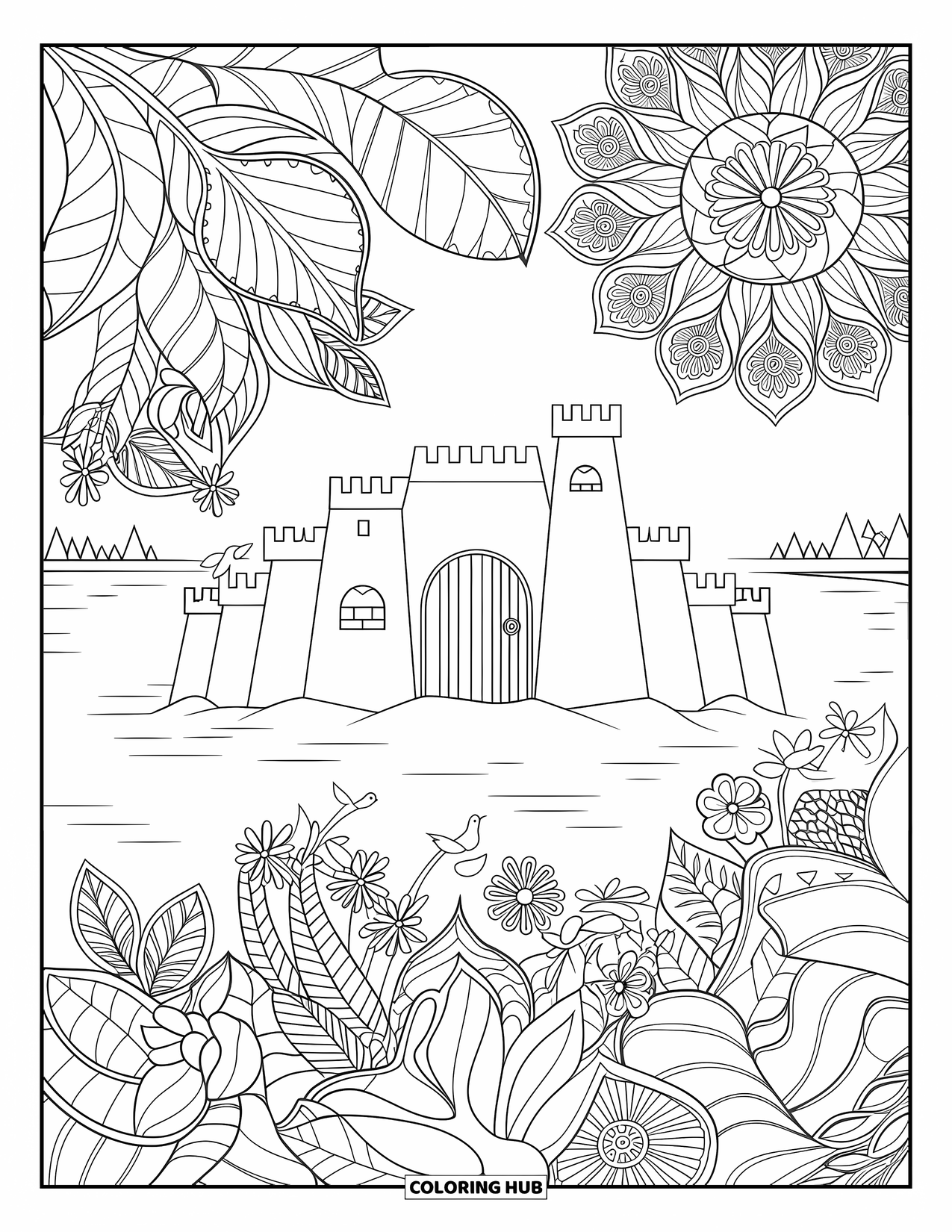 Beach Summer Coloring Page for Adults: A towered sandcastle with flowers, birds, and leafy designs