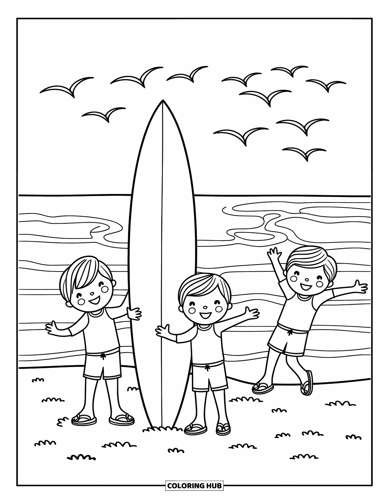 Beach Summer Coloring Page for Adults: Children playing by a surfboard with waves rolling behind them