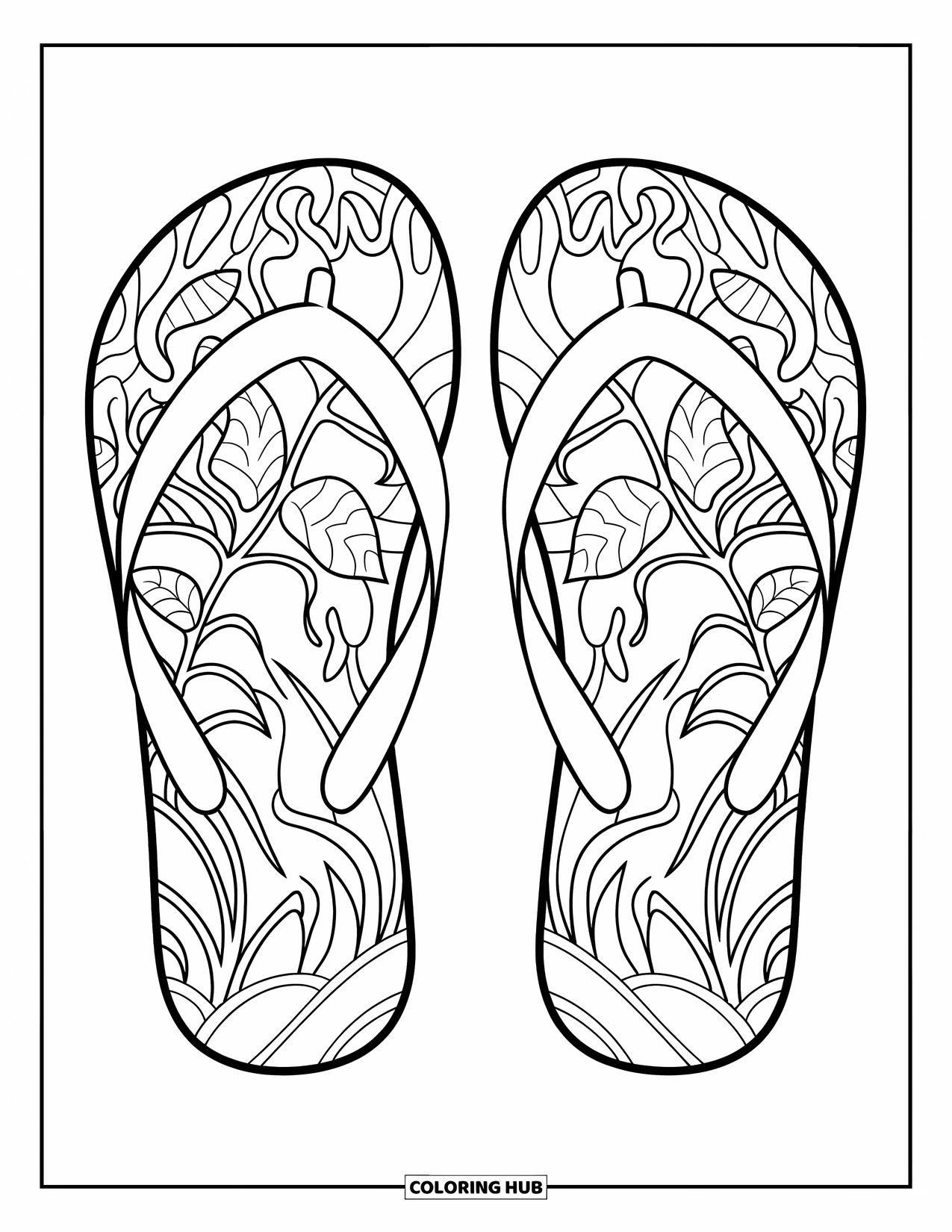 Beach Summer Coloring Page for Adults: Flip-flops decorated with flowers and vines in a tropical style