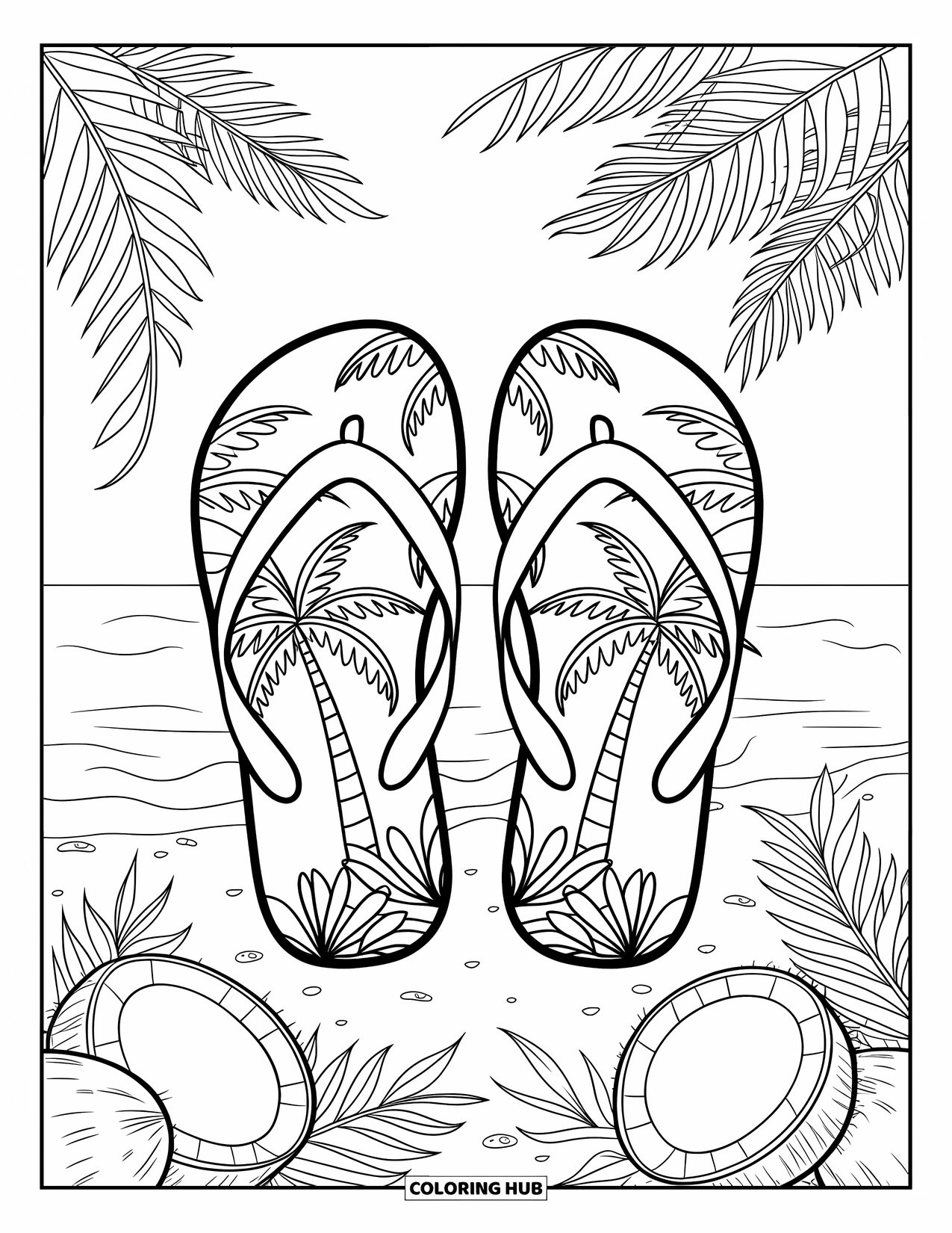 Beach Summer Coloring Page for Adults: Tropical flip-flops framed by palms, coconuts, and beach waves