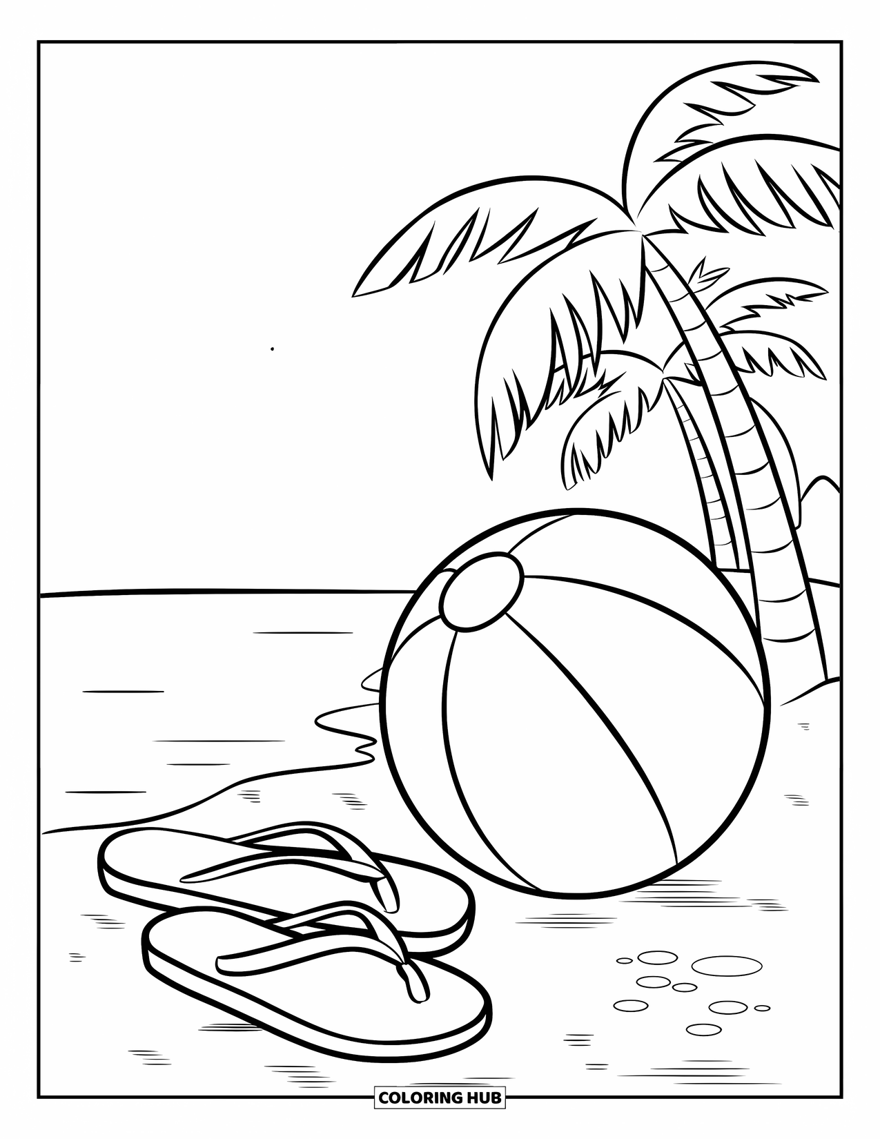Beach Summer Coloring Page for Kids: A beach ball and flip-flops on the sand under clear blue skies