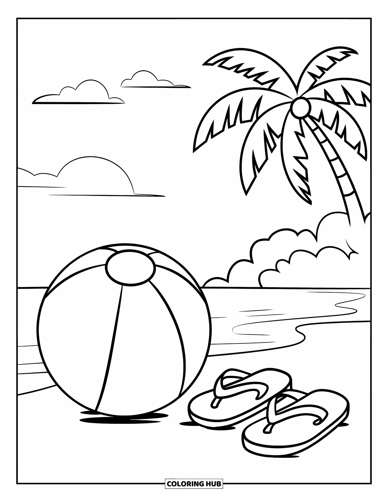 Beach Summer Coloring Page for Kids: A beach ball and flip-flops resting on soft summer sand