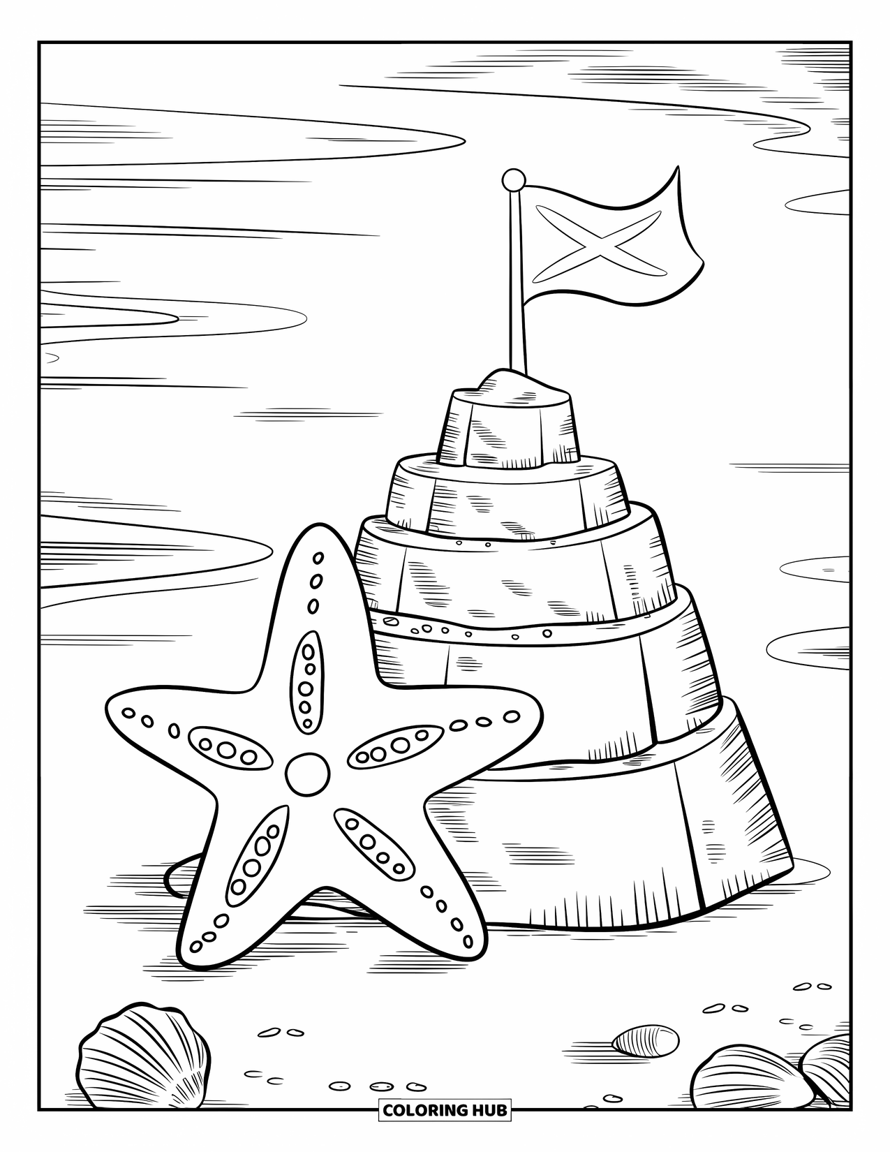 Beach Summer Coloring Page for Kids: A big starfish beside a sandcastle with a fluttering flag