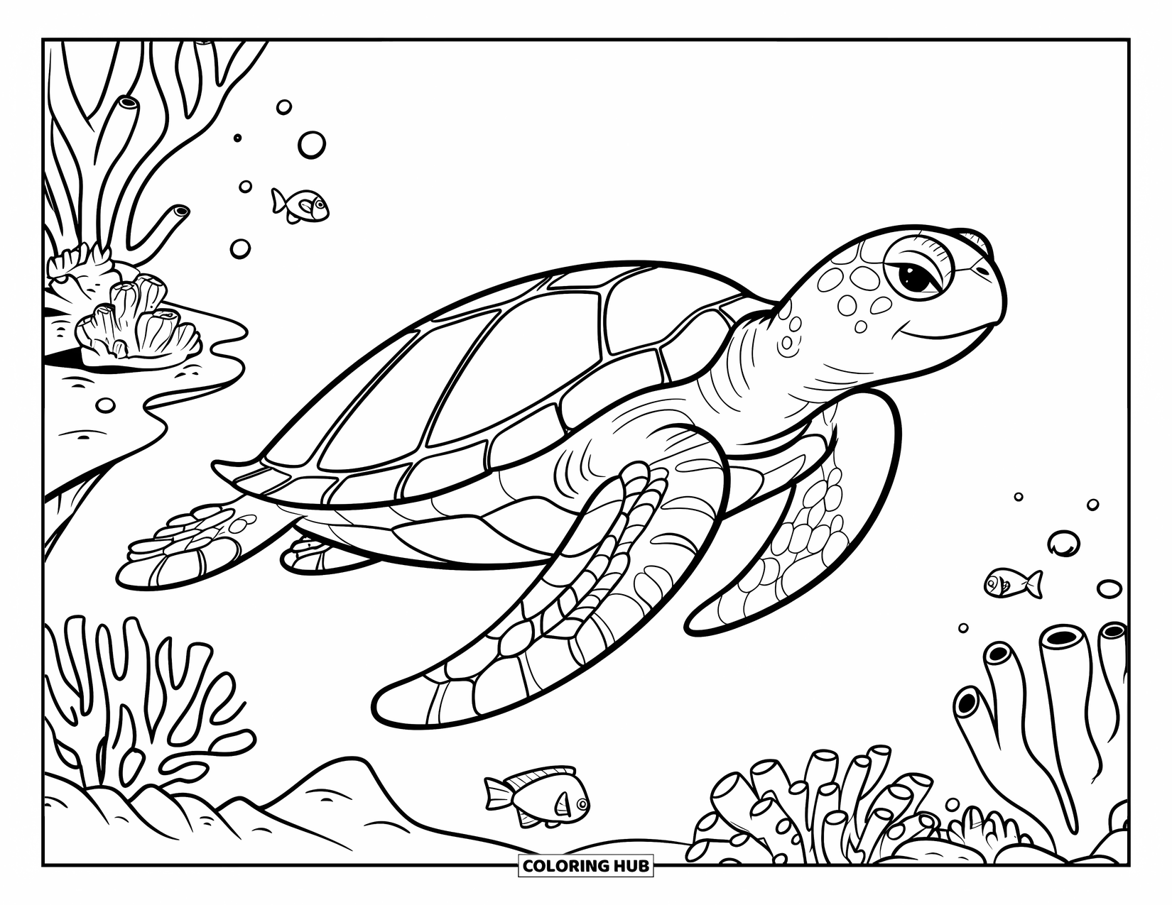 Beach Summer Coloring Page for Kids: A calm sea turtle swimming through coral and fish in clear blue water