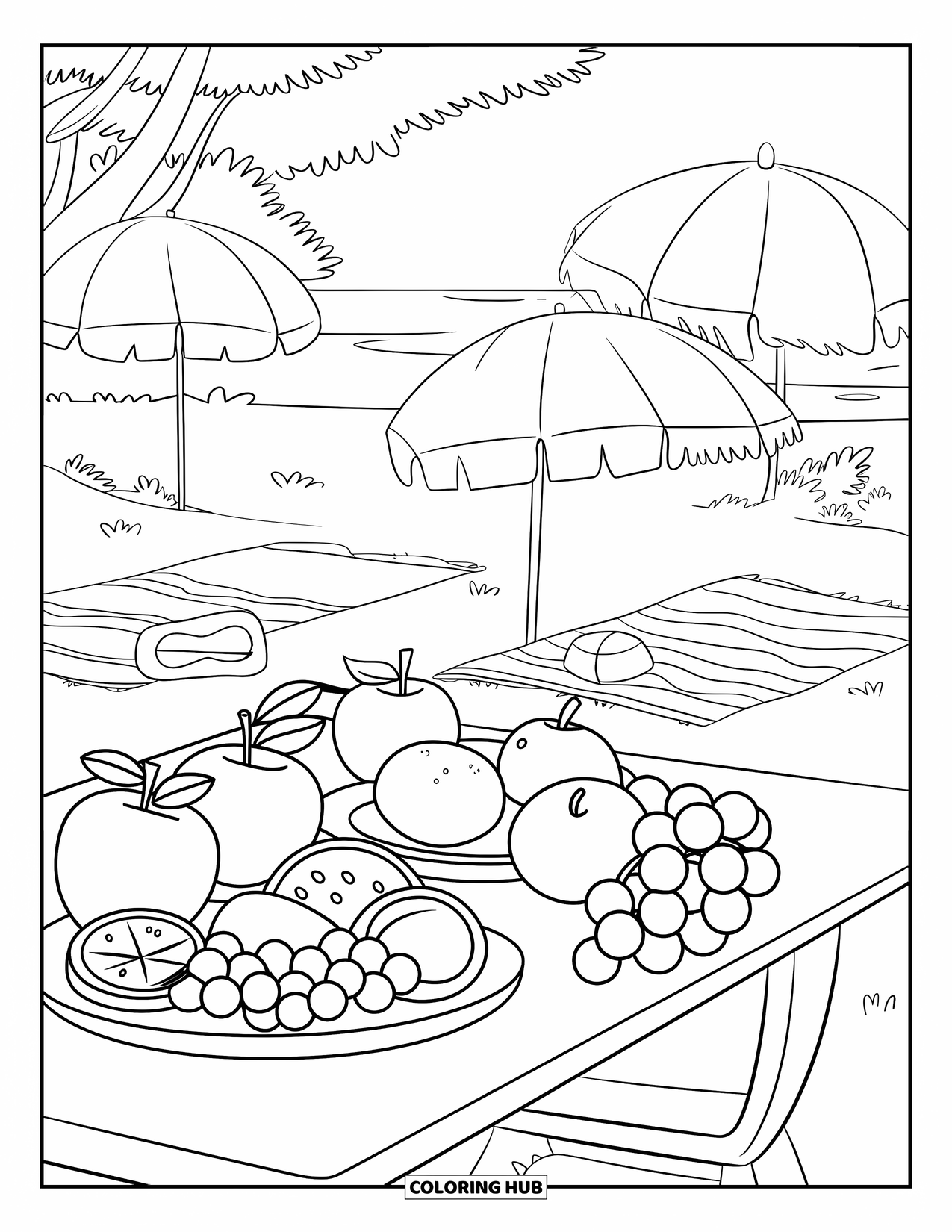Beach Summer Coloring Page for Kids: A cheerful picnic table filled with fruits and summer treats