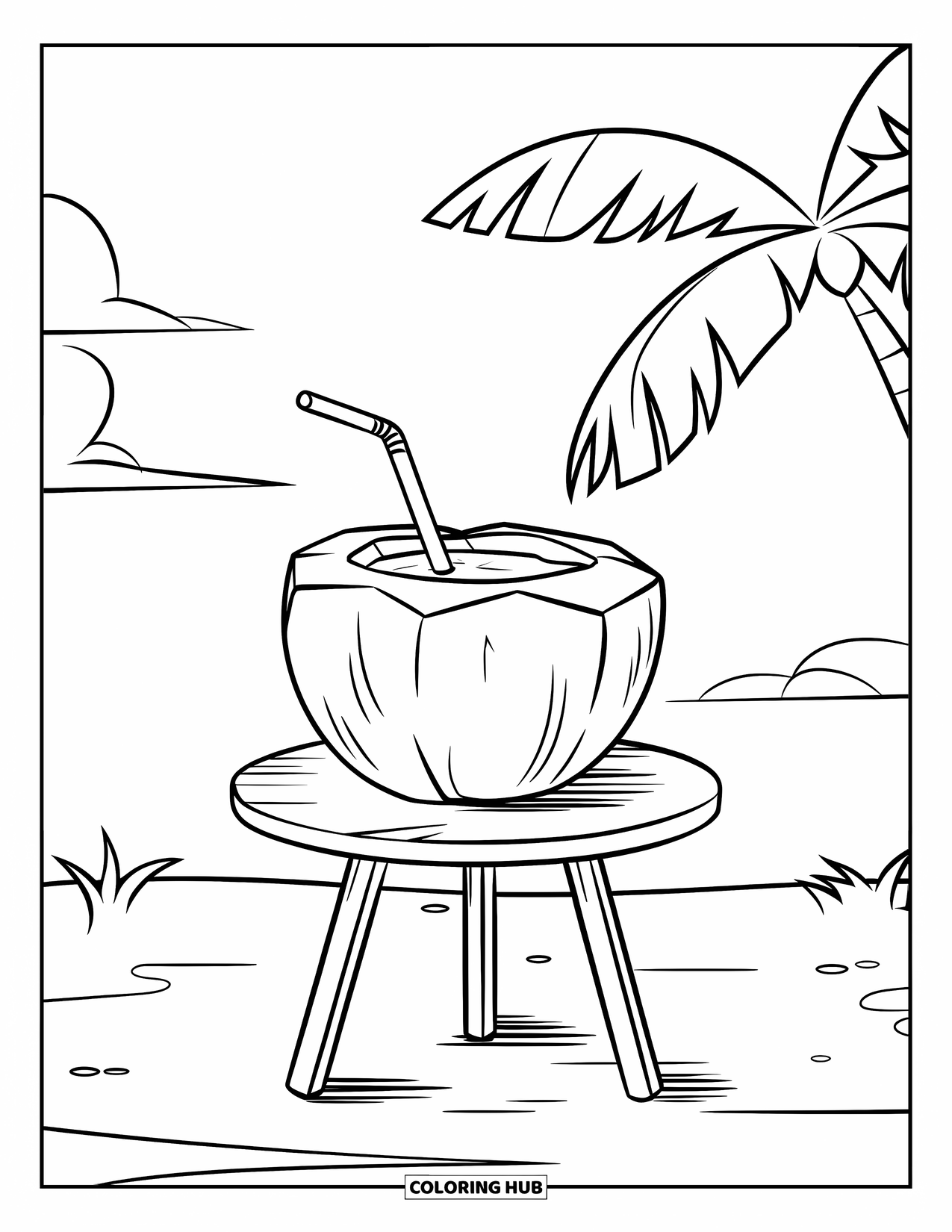 Beach Summer Coloring Page for Kids: A coconut drink on a small table by the sunny shore