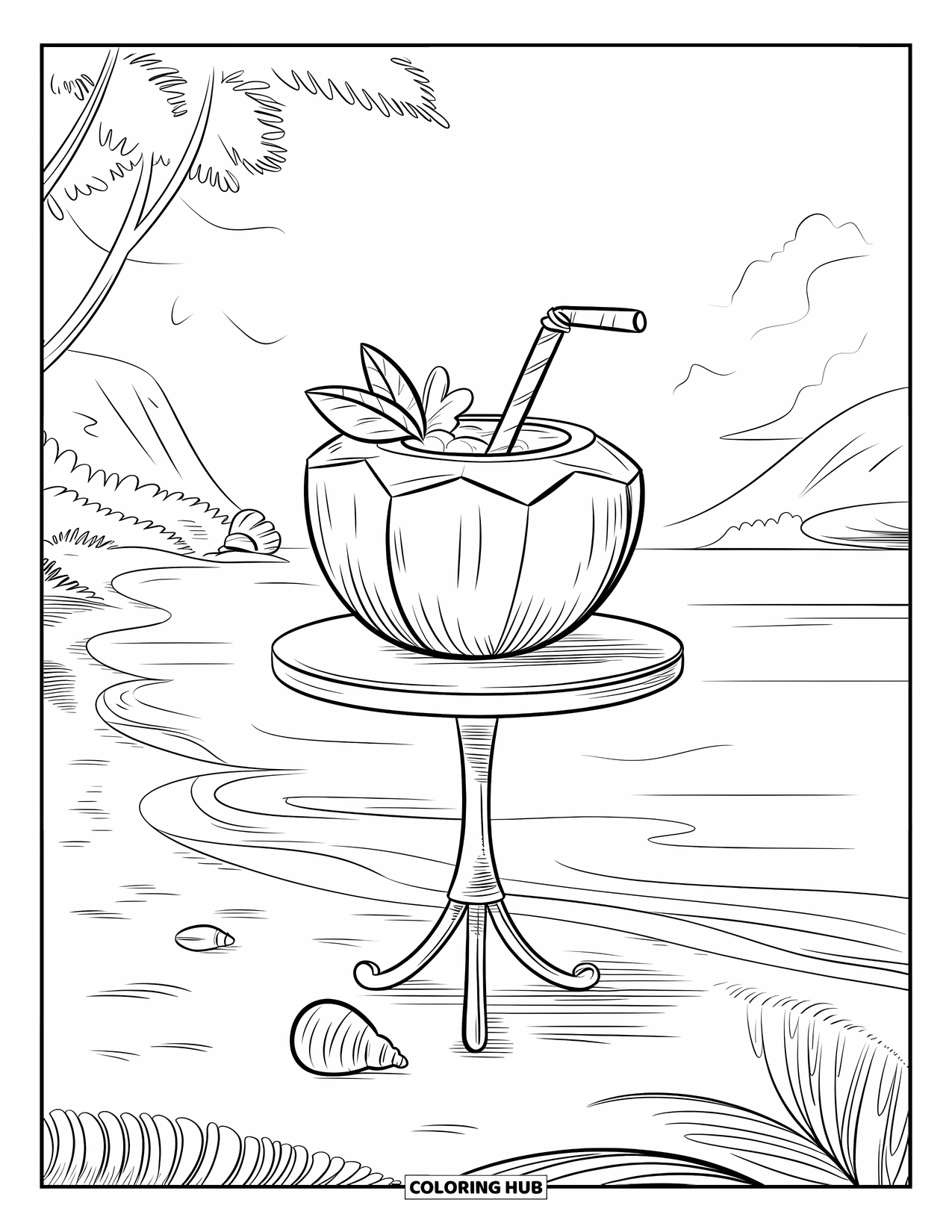 Beach Summer Coloring Page for Kids: A coconut drink resting on a beach table near the sea