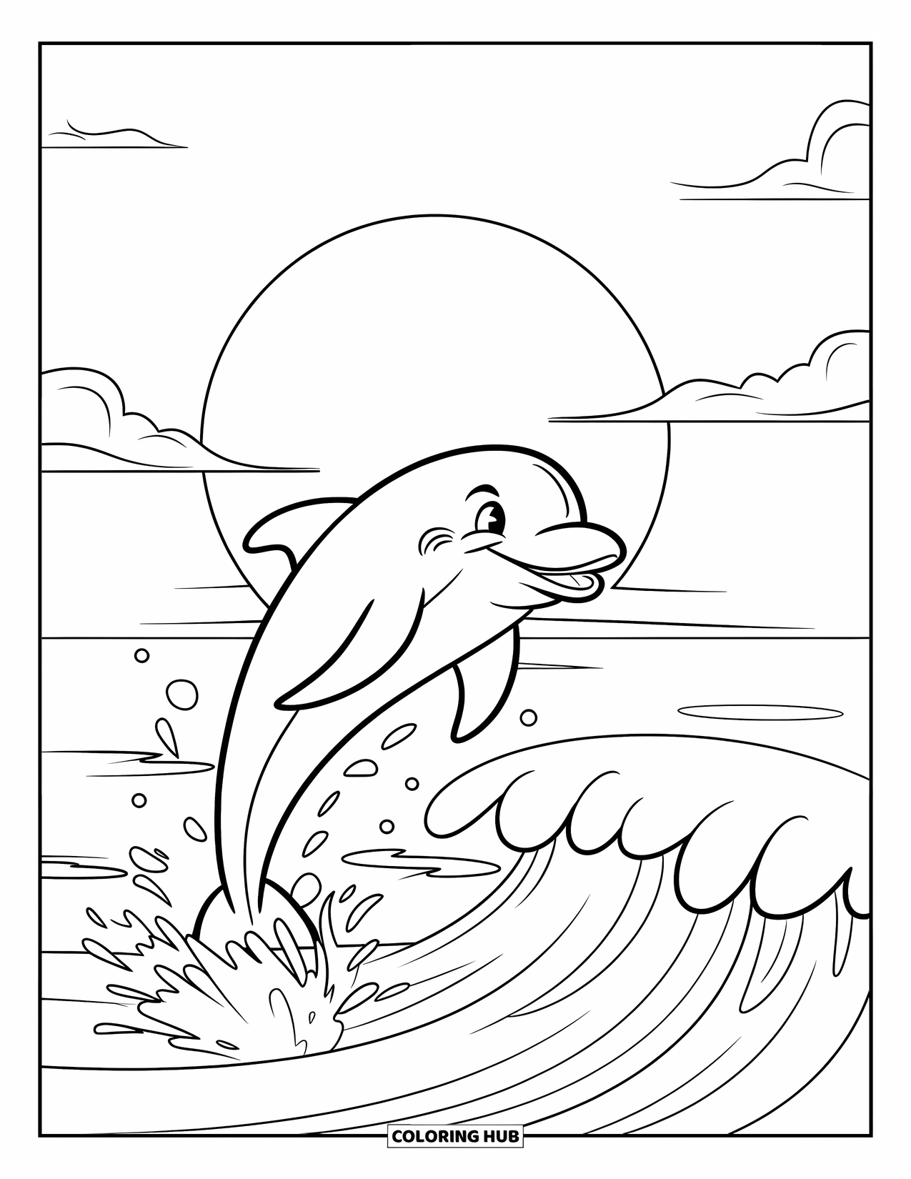 Beach Summer Coloring Page for Kids: A dolphin jumping high above the waves at sunset