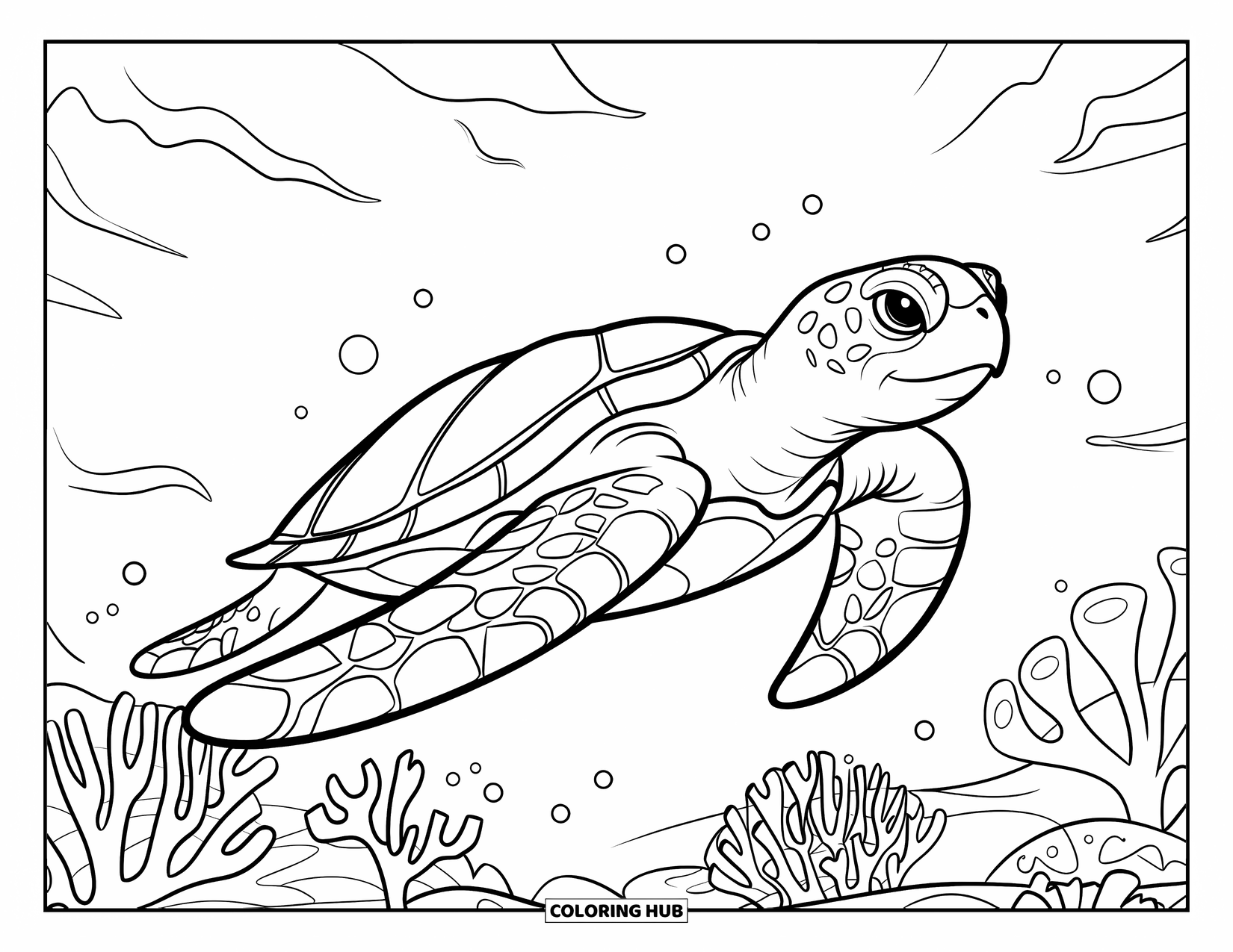 Beach Summer Coloring Page for Kids: A graceful sea turtle gliding through a colorful coral reef