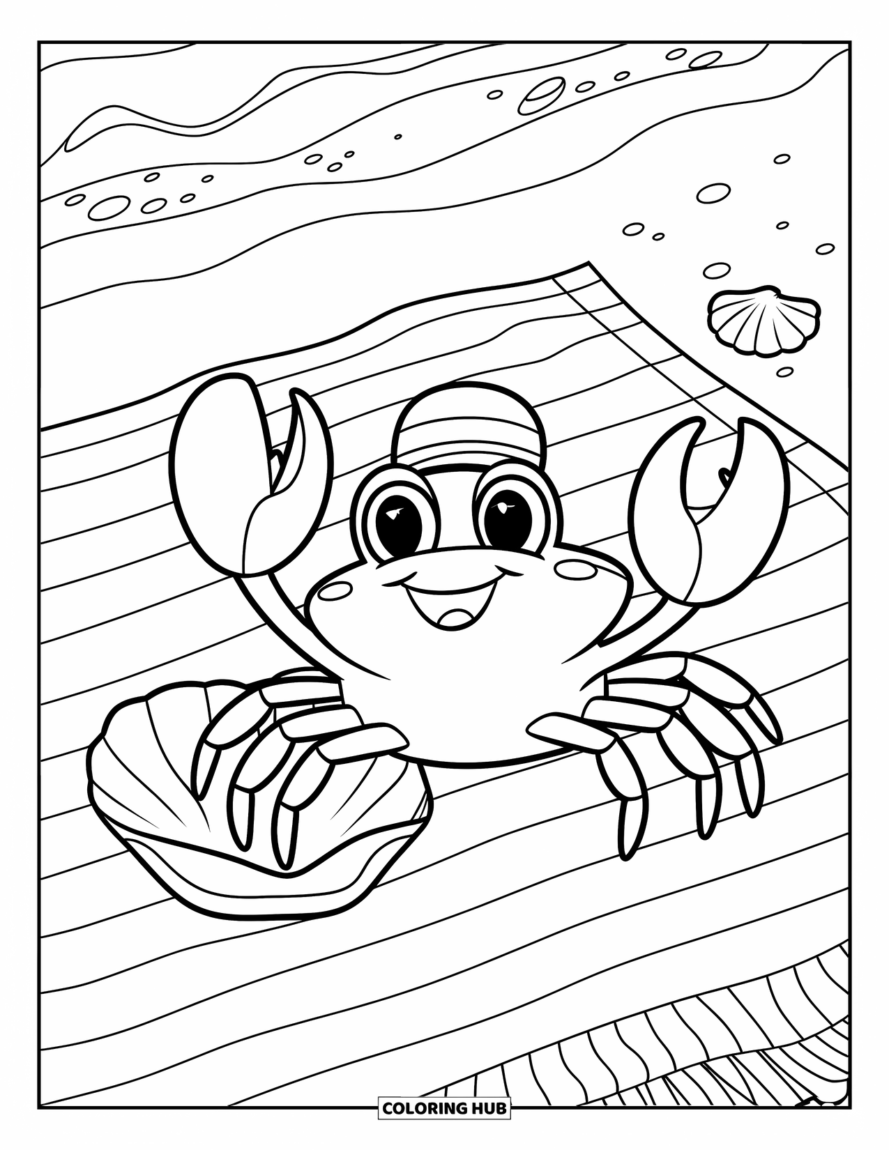 Beach Summer Coloring Page for Kids: A happy little crab waving beside a seashell on a towel