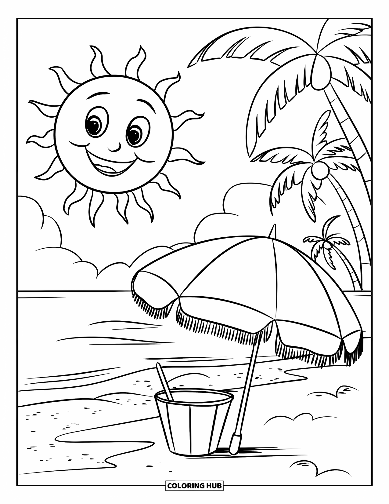 Beach Summer Coloring Page for Kids: A happy sun beaming over the sand, umbrella, and pail